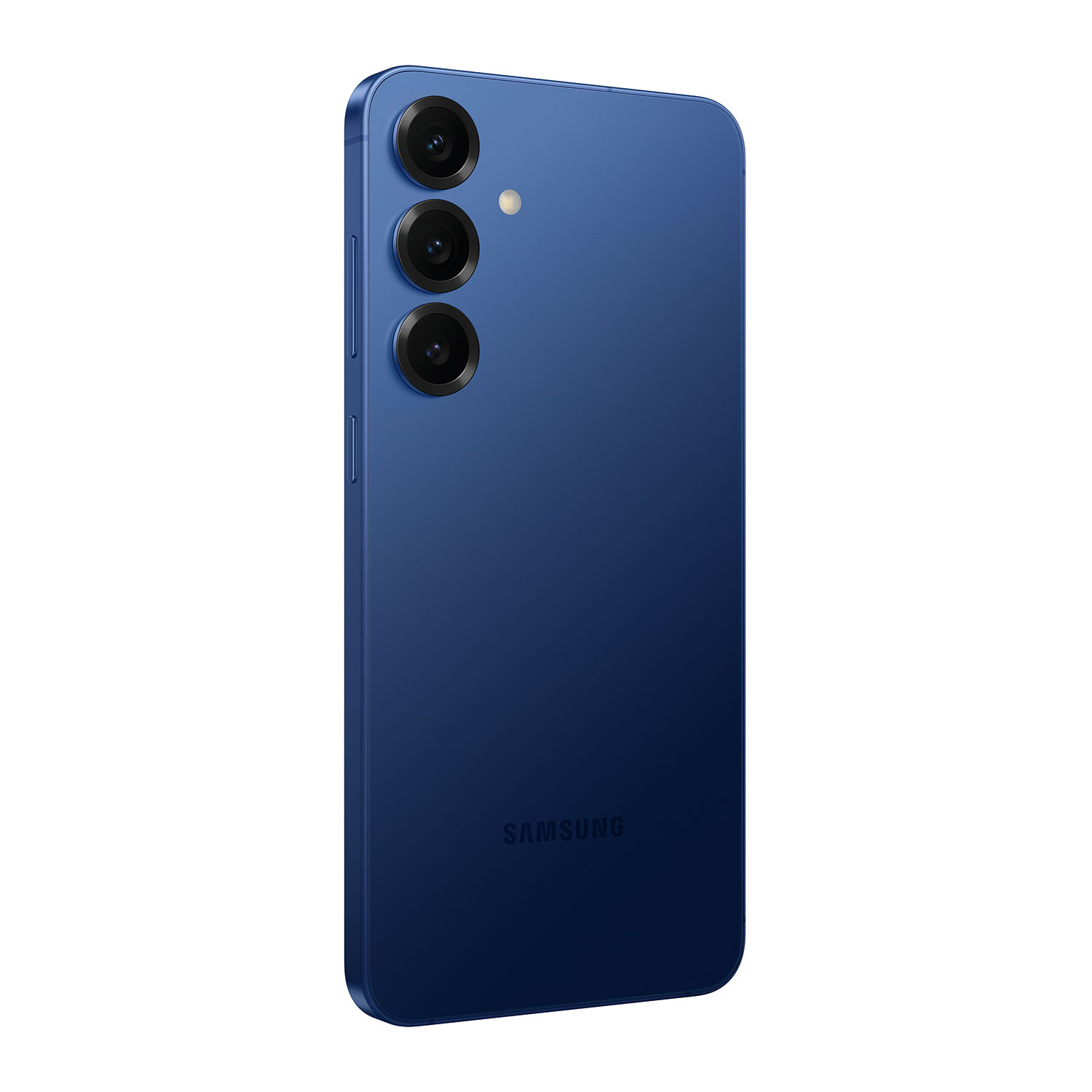 Niebieski smartfon z trzema obiektywami aparatu i lampą błyskową. Widoczny tył telefonu z logo Samsung na dole.