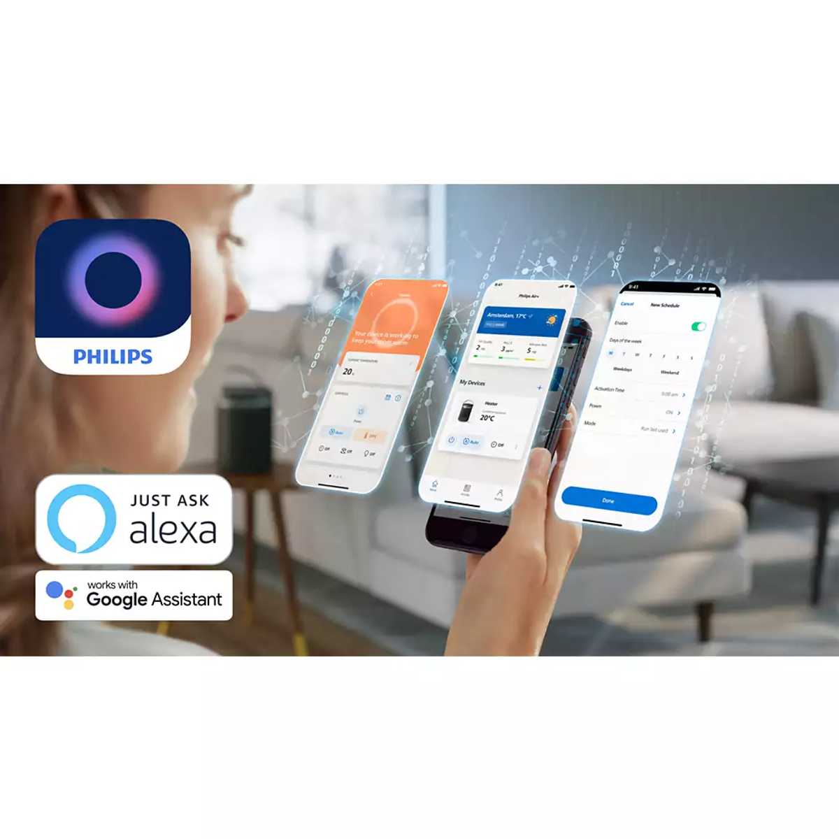 Osoba trzymająca telefon z interfejsami aplikacji Philips Smart Home. Widoczne są również loga Alexa i Asystenta Google.