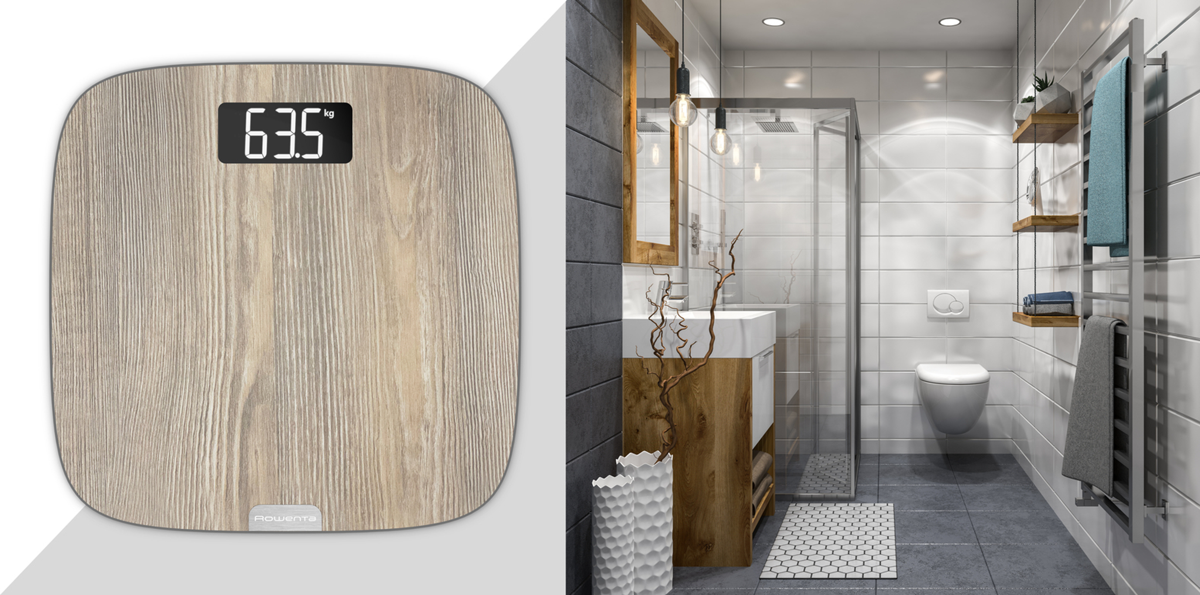 Escena de baño. Una báscula digital muestra 63,5 kg. Cuenta con lavabo, ducha, inodoro y toallero. Paredes de azulejos y detalles de madera.