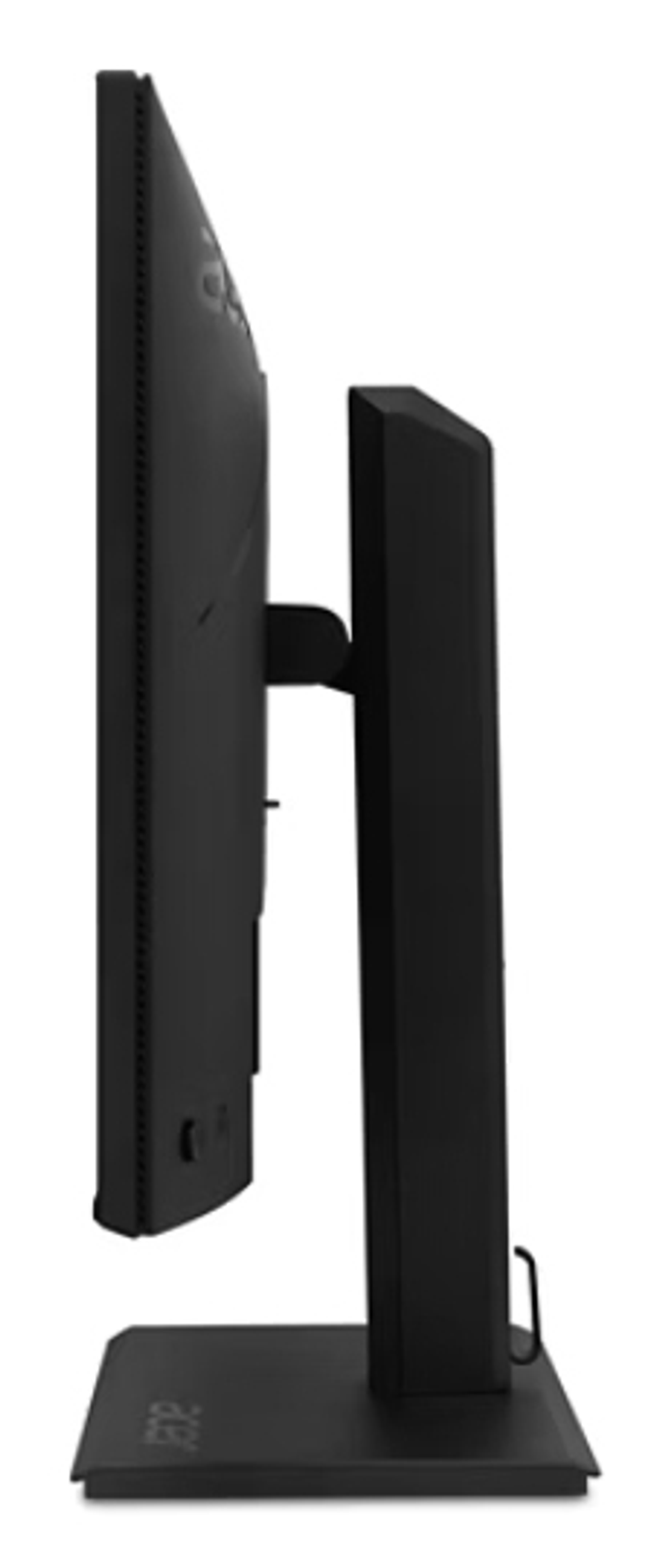 Czarny monitor komputera w widoku bocznym, pokazujący podstawę, ekran i tylny panel z ramieniem wspornikowym.