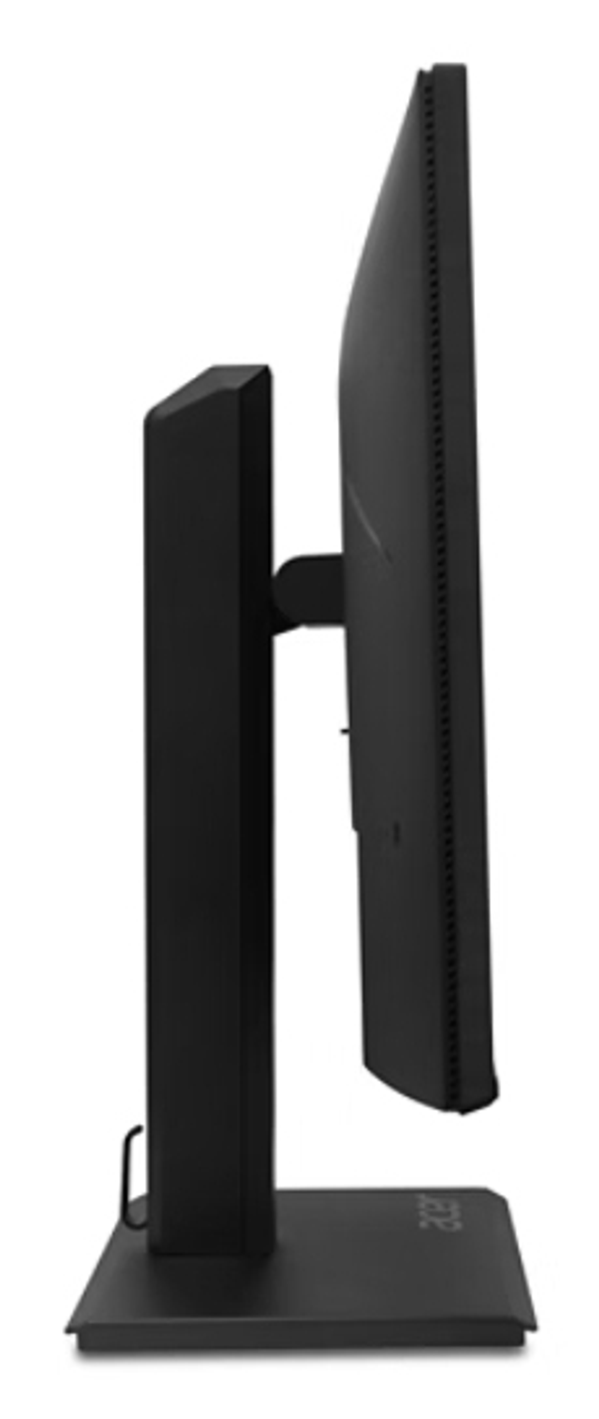 Czarny monitor komputera z boku. Monitor stoi na czarnej podstawce z logo Acer.