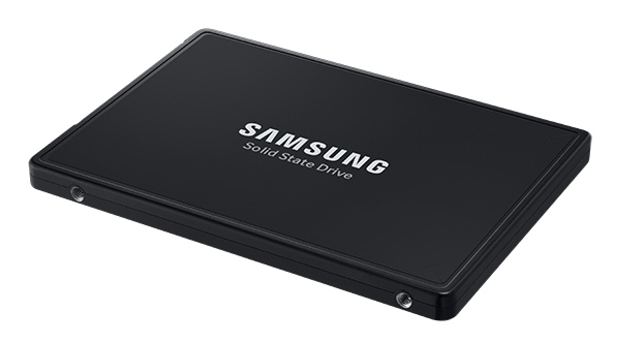 Czarny dysk SSD Samsung. Urządzenie jest prostokątne z zaokrąglonymi rogami. Białe logo Samsung na górze.