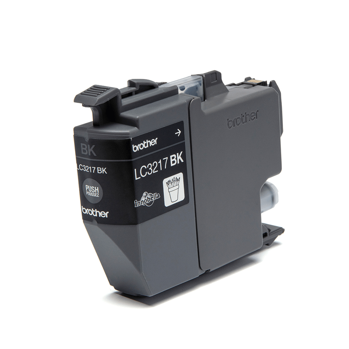 Wkład atramentowy Brother LC3217 BK. Jest czarny i szary, oznaczony 'BK' i 'Push'. Widoczna jest nazwa marki 'Brother'.