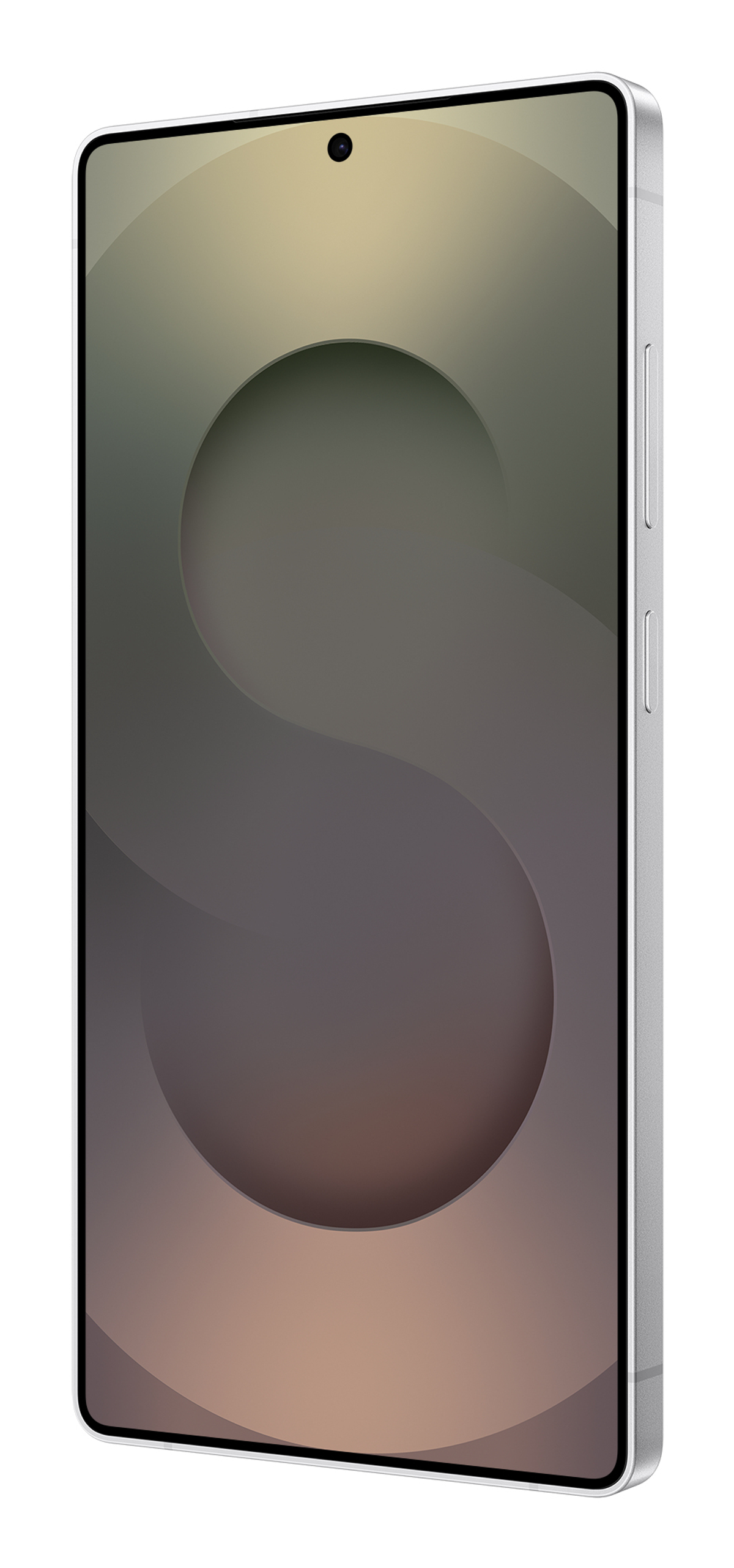 Srebrny smartfon pochylony w prawo. Ekran wyświetla abstrakcyjny wzór z brązowymi i szarymi gradientami.