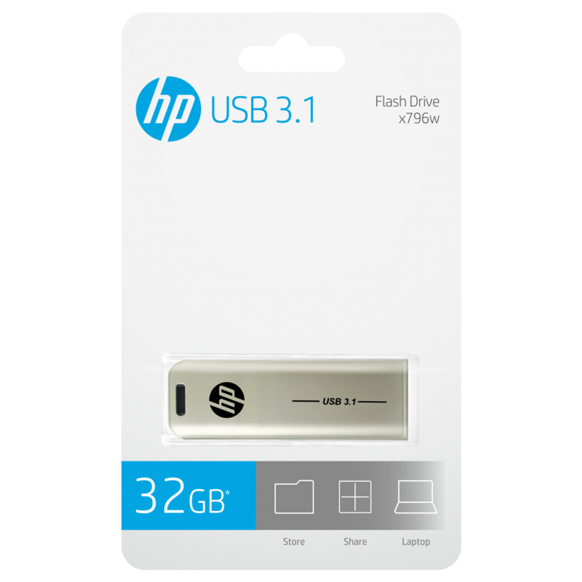 Dysk flash USB 3.1 HP w opakowaniu. Srebrny, 32 GB, z ikonami sklepu, udostępniania i laptopa.
