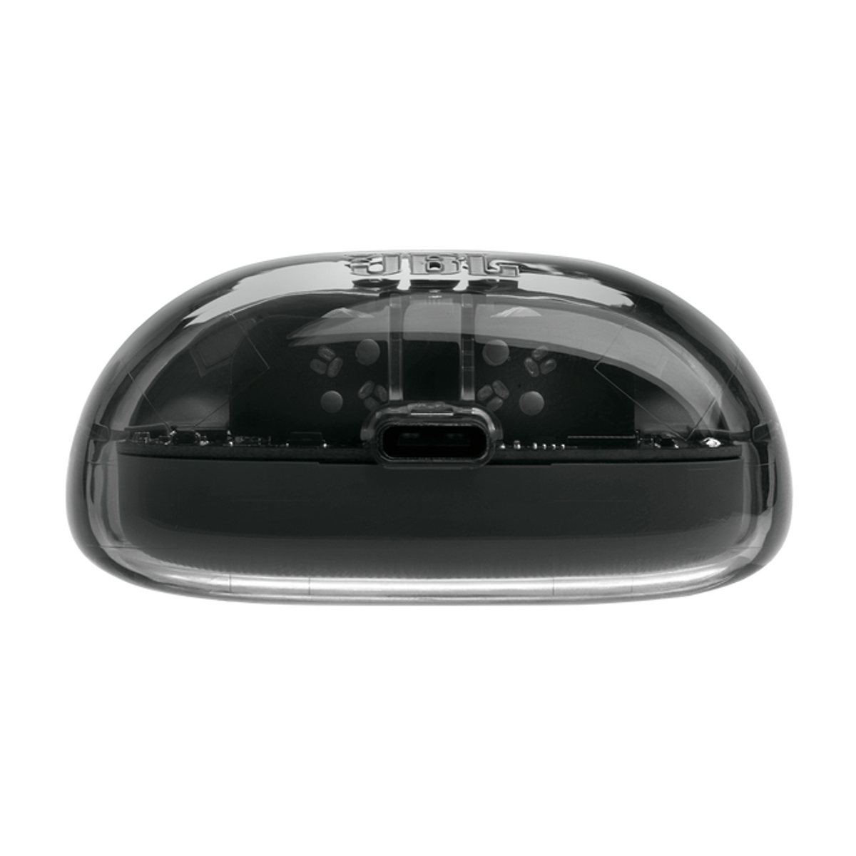 Przezroczyste urządzenie w kształcie owalu z czarną podstawą i portem USB-C. Na górze znajduje się logo JBL. Urządzenie jest na białym tle.