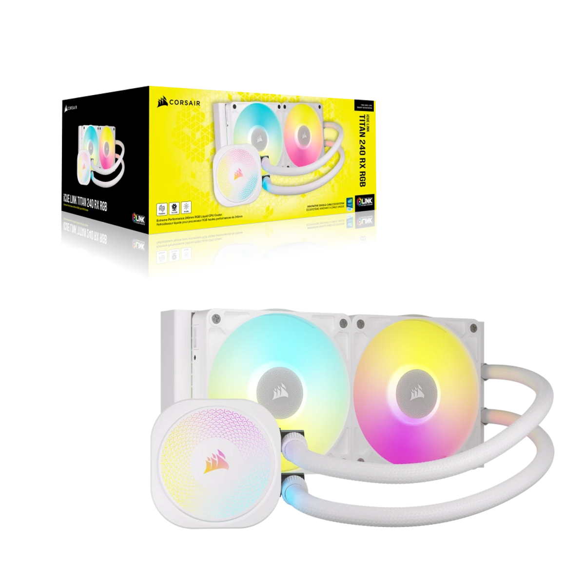 Biała chłodziarka Corsair iCUE LINK TITAN 240 RX RGB. Posiada dwa wentylatory i pompę, wszystkie z oświetleniem RGB, w pudełku.