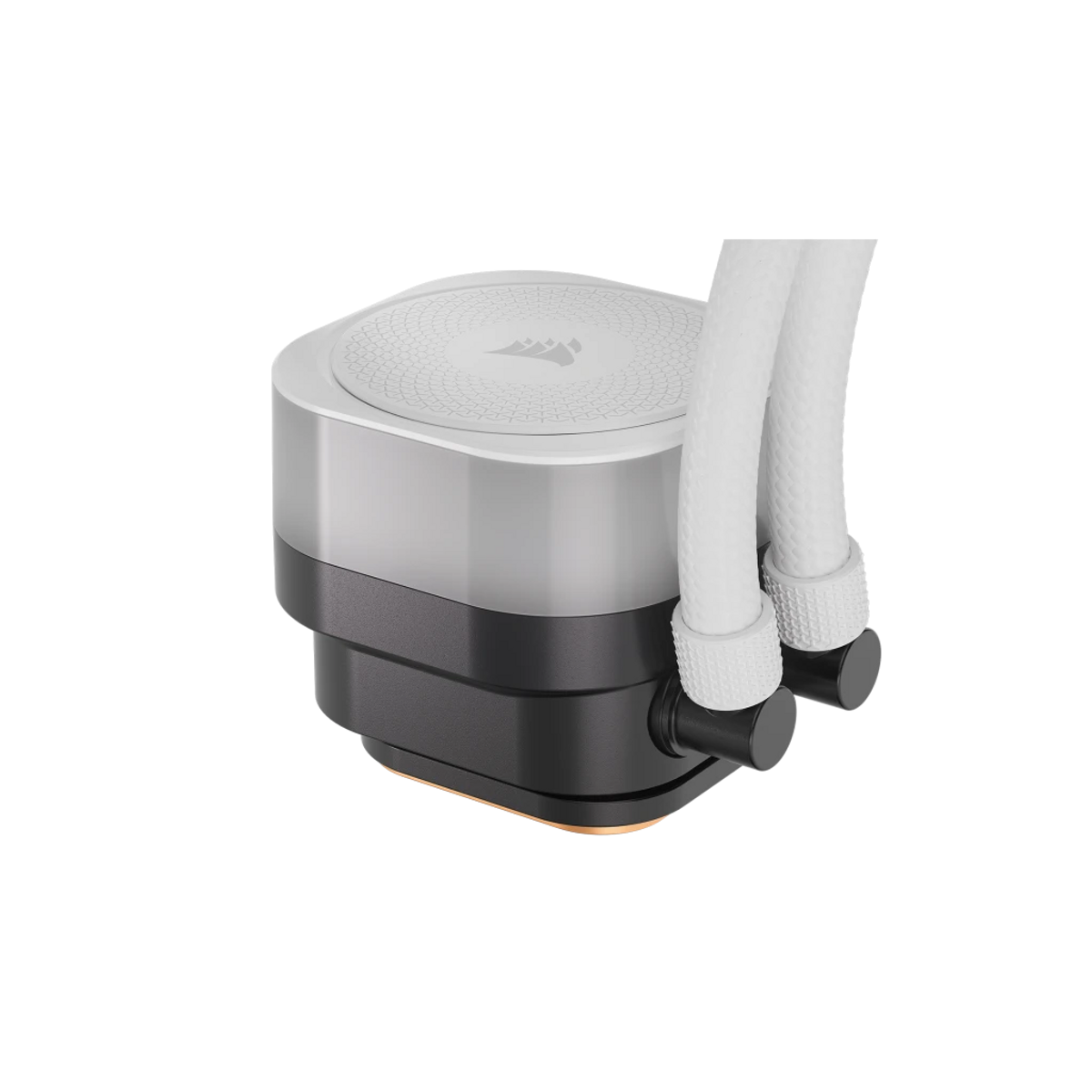 Chłodnica cieczy do komputera ze srebrno-czarną obudową, białymi rurkami i okrągłym wierzchem z logo, na czarnym tle.