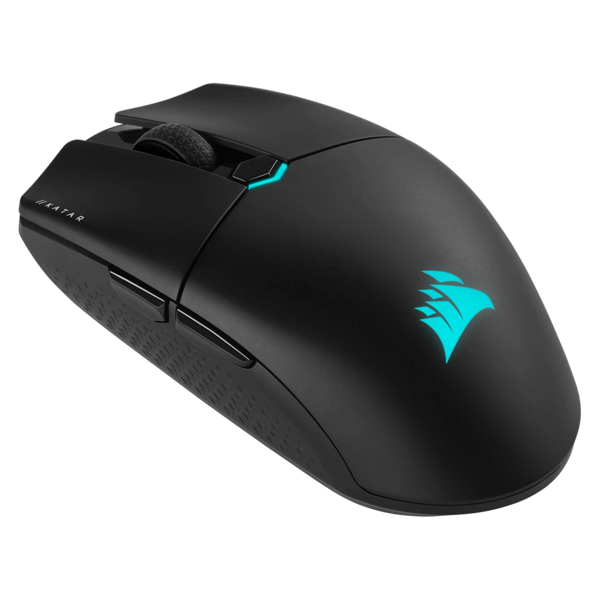 Zwarte computermuis met een scrollwiel en een blauw logo. De muis heeft een getextureerd oppervlak en blauwe lichtaccenten.