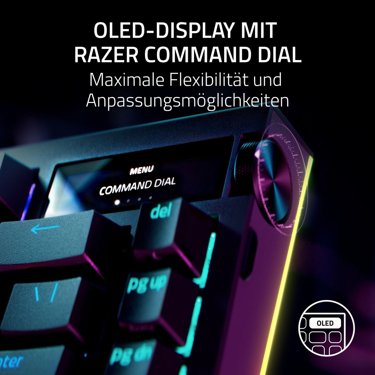 Close-up van een toetsenbord met een OLED-scherm en Razer command dial. De toetsen zijn zwart met teal verlichting.