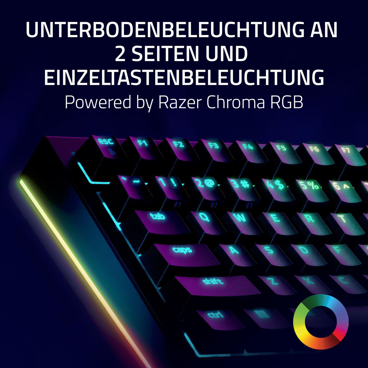 Een toetsenbord met achtergrondverlichting, paarse toetsen en groene letters. De verlichting is veelkleurig. Tekst: 'Powered by Razer Chroma RGB'.