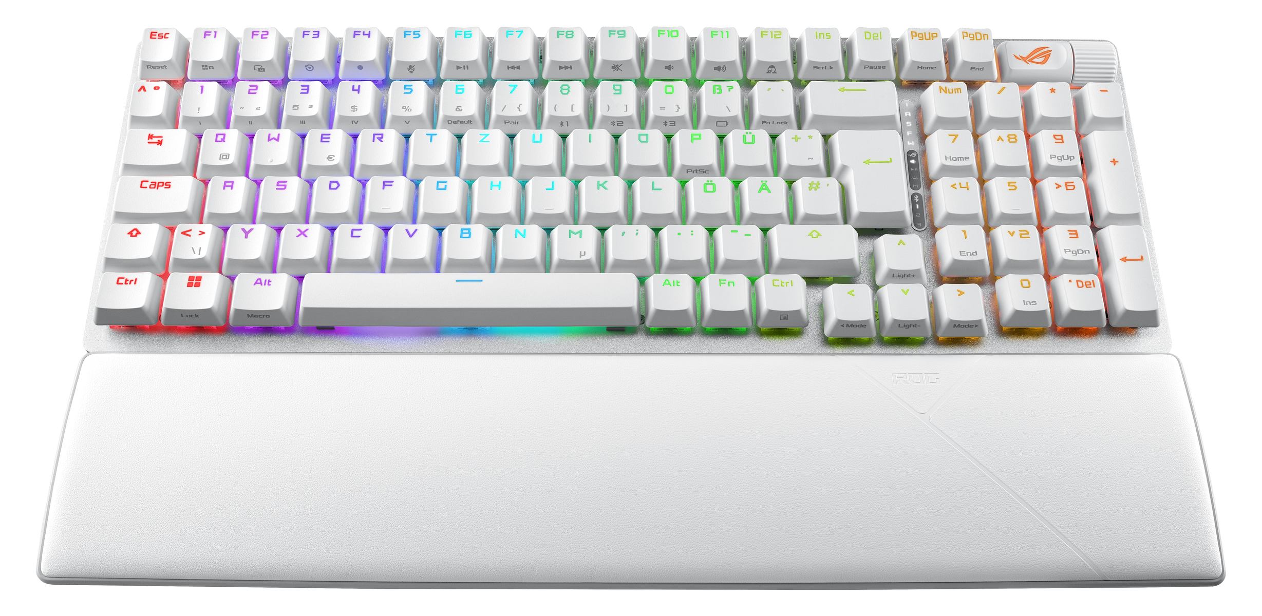 Biała klawiatura mechaniczna z białymi klawiszami. Poniżej znajduje się podpórka pod nadgarstki. Klawiatura ma podświetlenie RGB.