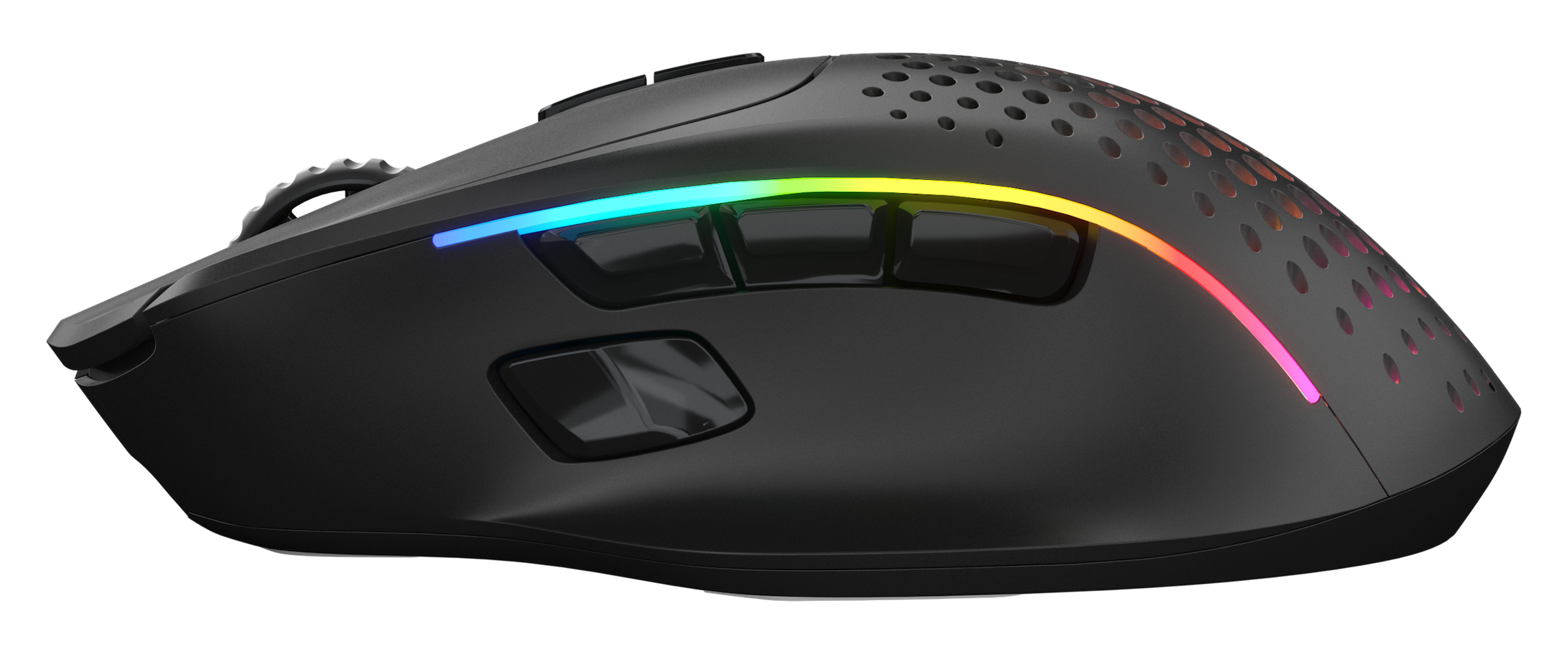 Czarna mysz gamingowa z podświetleniem RGB na białym tle. Posiada przyciski z boku i na górze oraz kółko przewijania.