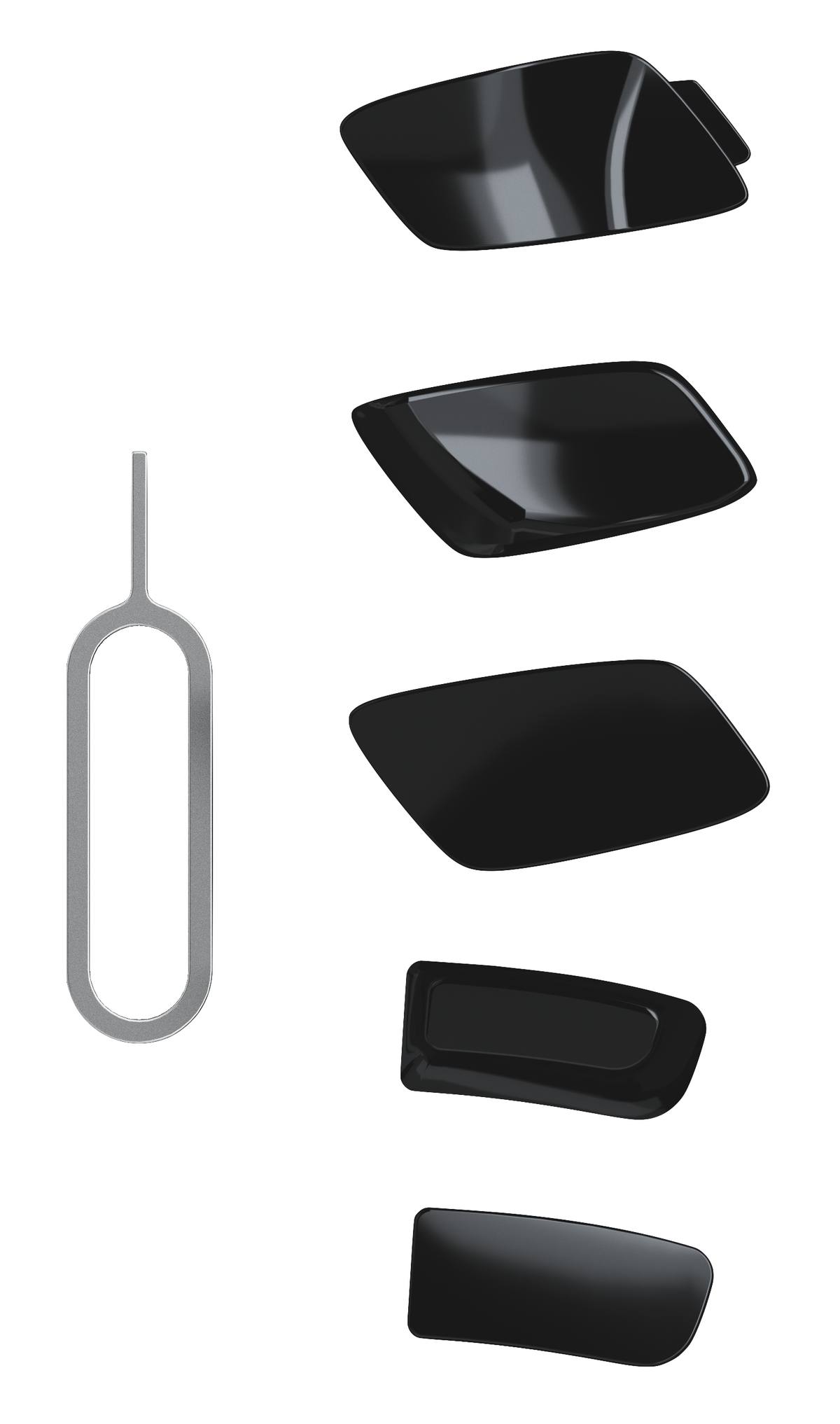 Obraz przedstawia kilka czarnych obiektów, prawdopodobnie części samochodowe, oraz srebrne narzędzie do wyjmowania karty SIM na białym tle.