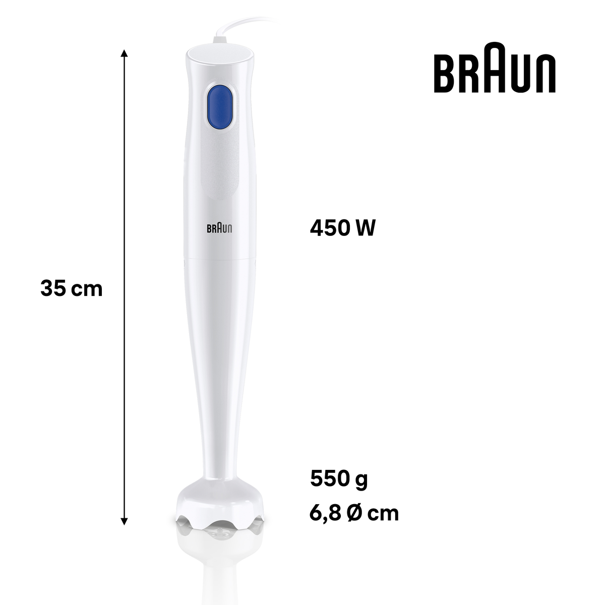 Weißer Braun-Stabmixer mit blauem Knopf, 35 cm lang, 450 W, und Spezifikationen: 550 g, 6,8 cm Durchmesser.