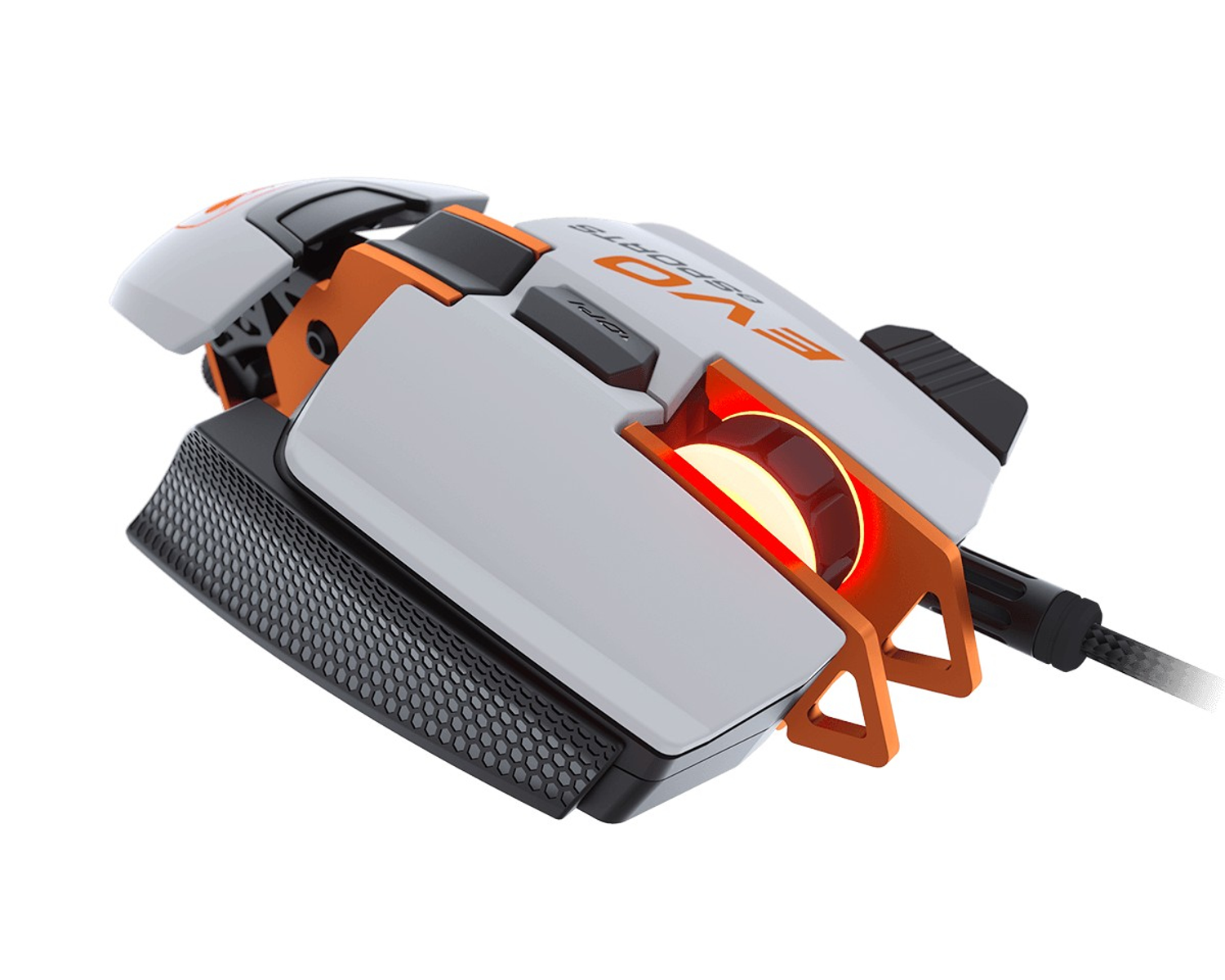 Mysz dla graczy z białymi i pomarańczowymi akcentami, z czarną teksturowaną podstawą. Mysz ma pomarańczowe światło i pleciony kabel.