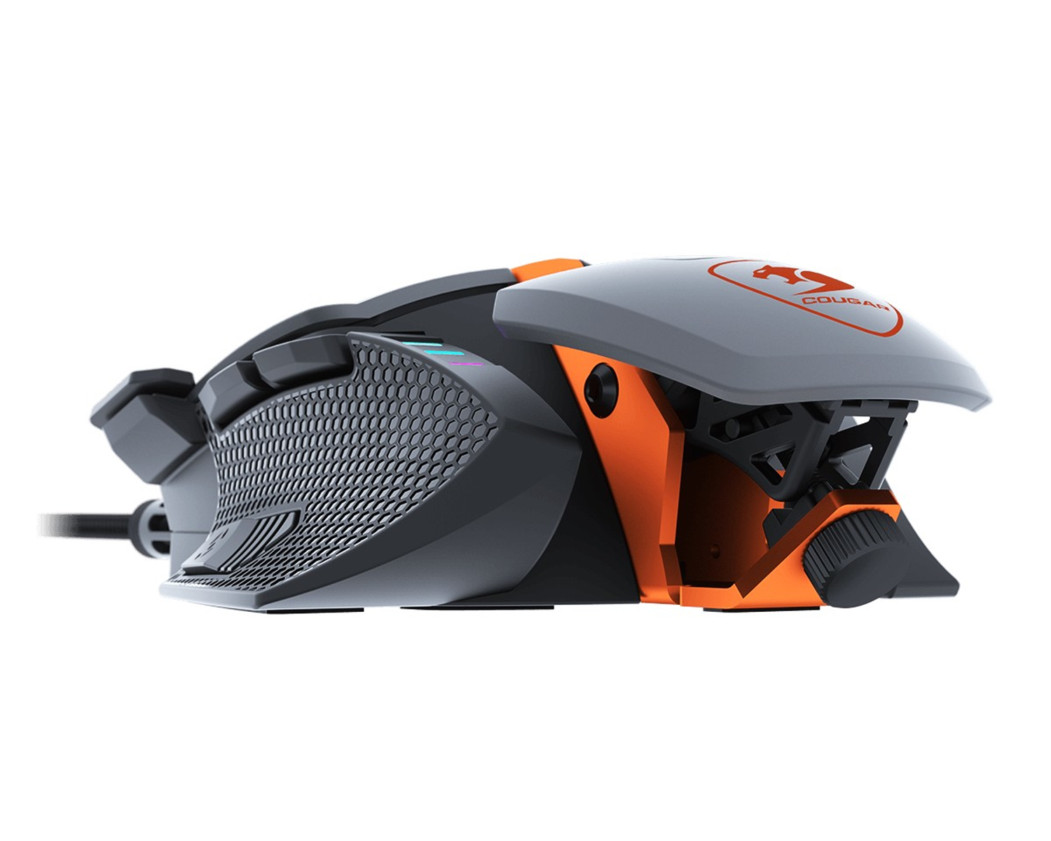 Mysz do gier, szara z pomarańczowymi akcentami. Ma wzór plastra miodu i logo Cougar. Mysz jest na białym tle.
