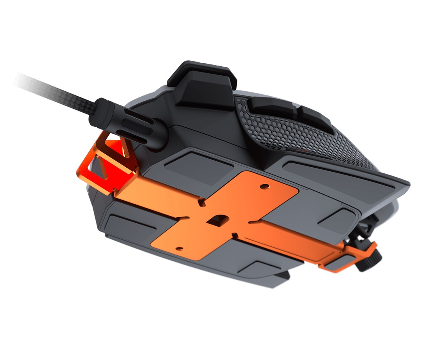 Mysz gamingowa o futurystycznym designie. Posiada czarno-pomarańczową kolorystykę, wzór plastra miodu i kątowy kształt.