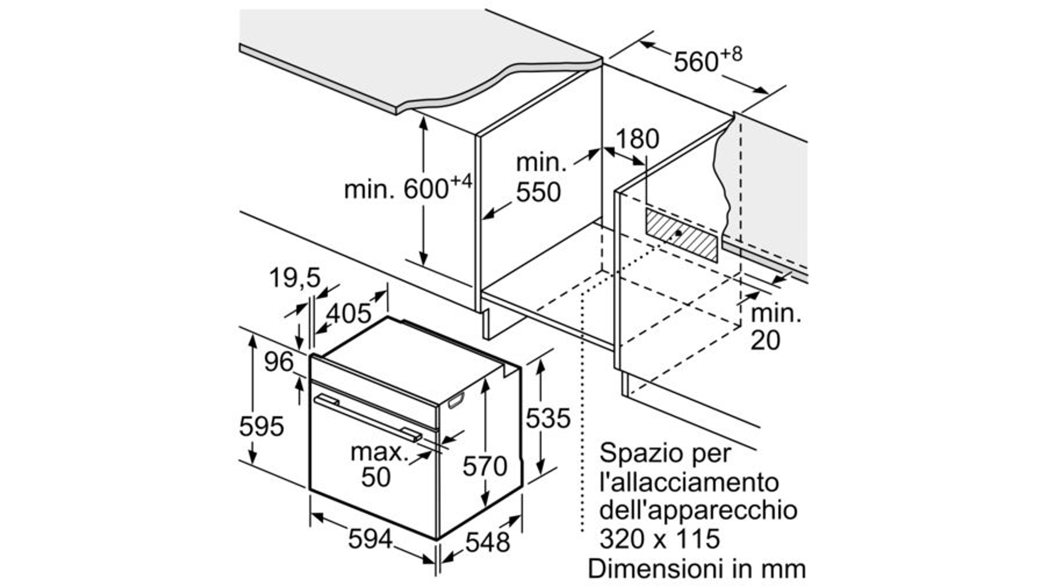 Diagramma delle dimensioni dell'apparecchio, con misure in mm. Include un forno rettangolare con dimensioni e spazio per l'installazione.