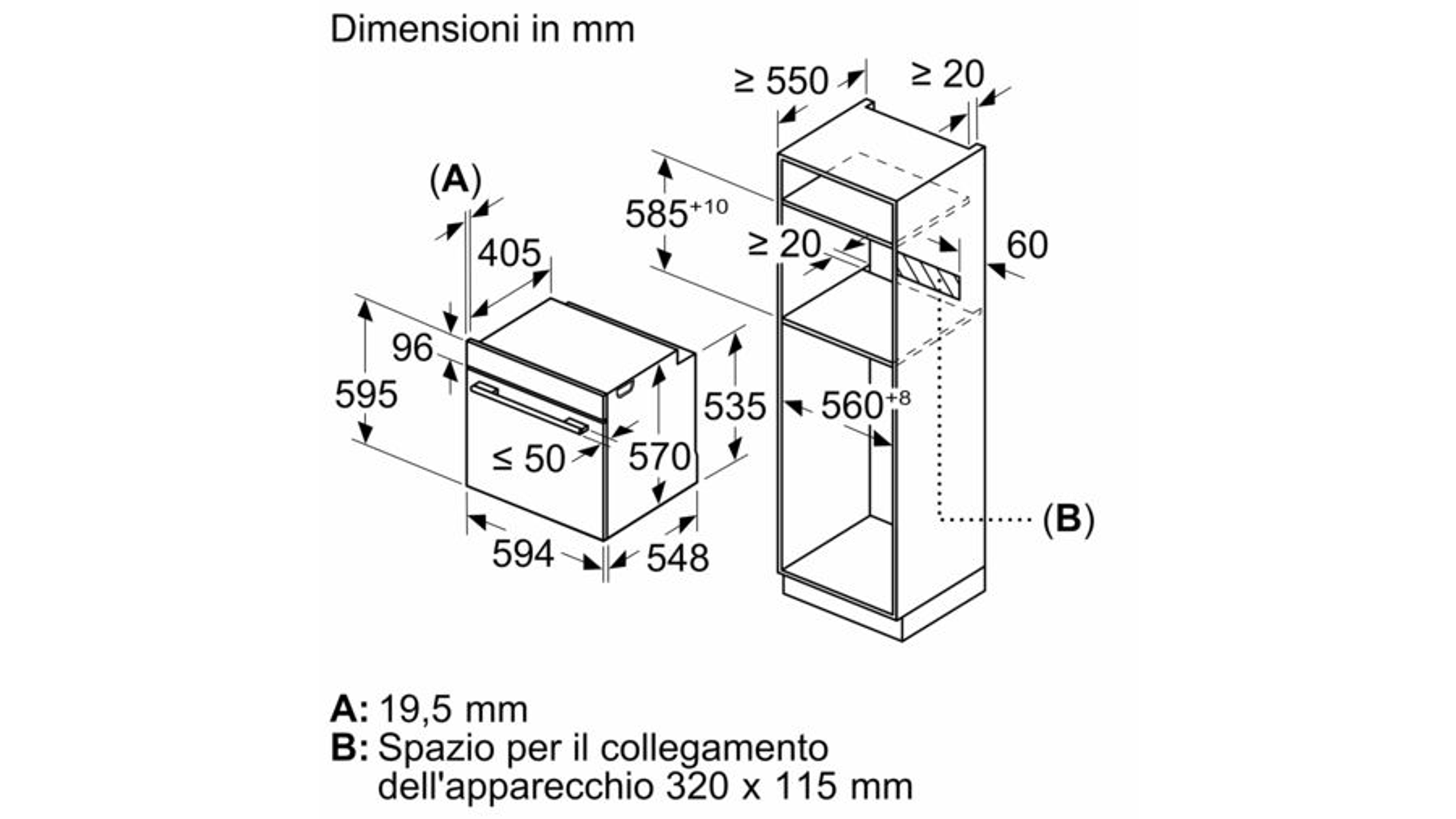 Il diagramma mostra le dimensioni in mm per un forno a incasso e un armadio adiacente. Include misure di altezza, larghezza e profondità.
