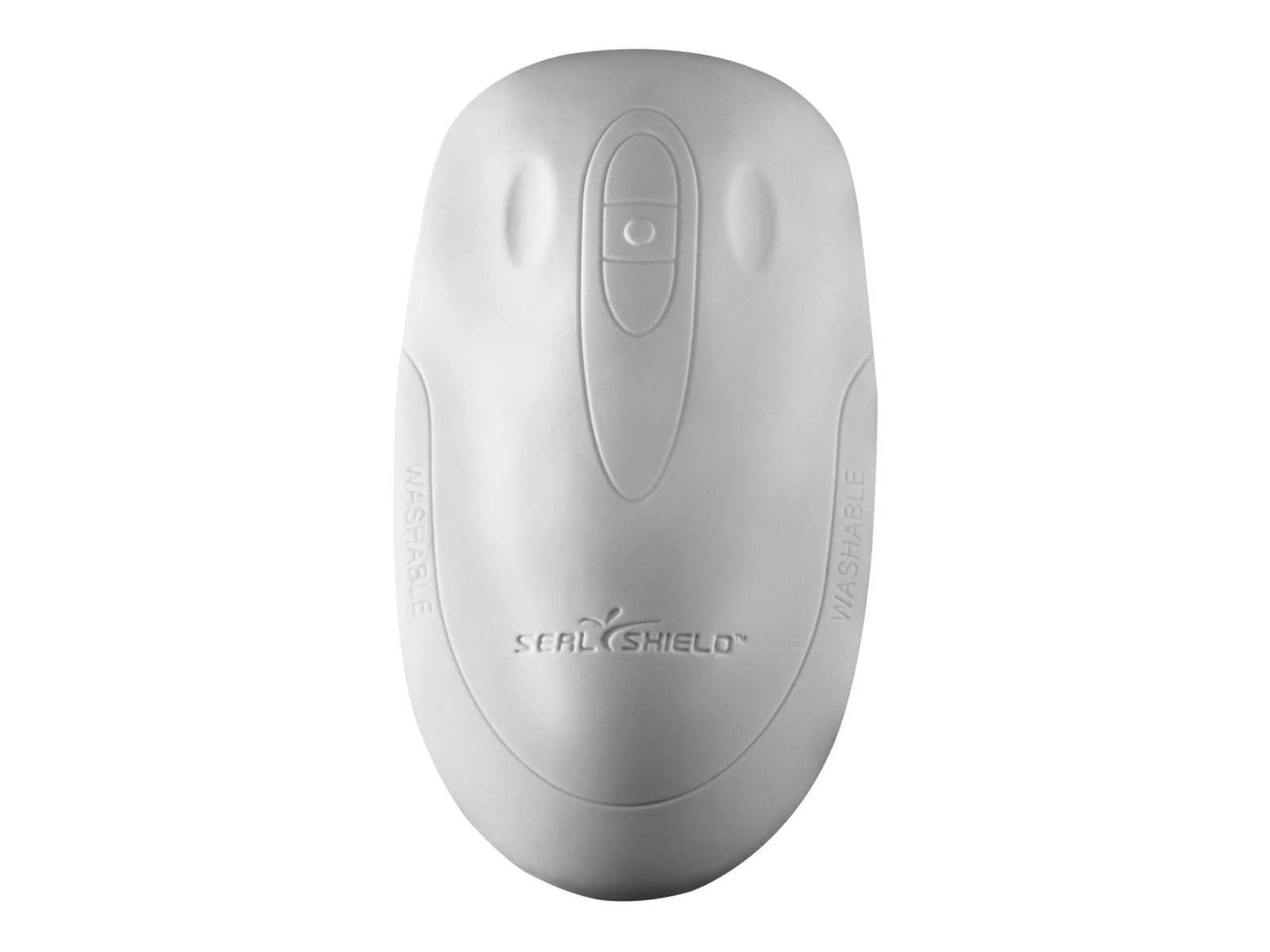 Un ratón de ordenador blanco, de forma ovalada. Tiene un botón central, y las palabras "WASHABLE" y "SEAL SHIELD" son visibles.