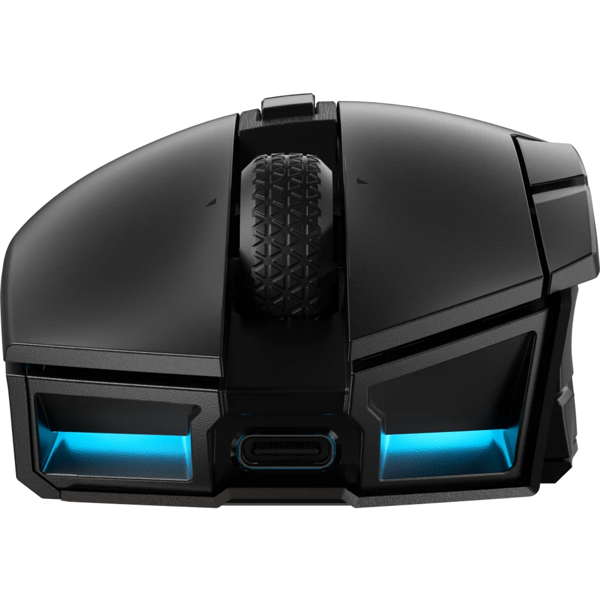 Czarna mysz dla graczy z teksturowanym kółkiem przewijania i niebieskimi światłami LED. Mysz ma futurystyczny design.