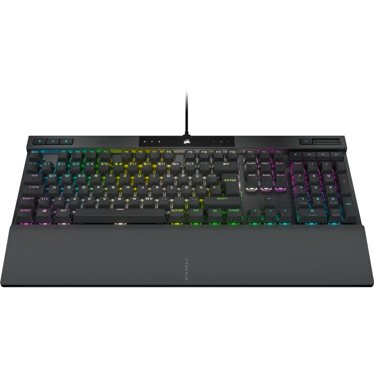 Czarna klawiatura Corsair z podświetlanymi na tęczowo klawiszami. Klawiatura ma podpórkę pod nadgarstek i kabel USB.