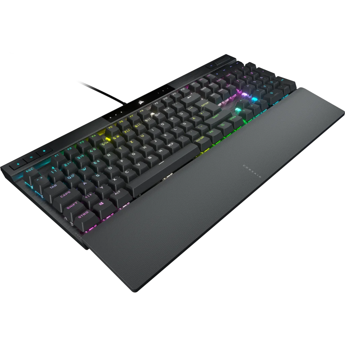 Czarna klawiatura Corsair z podpórką pod nadgarstki. Klawisze są podświetlane w różnych kolorach.