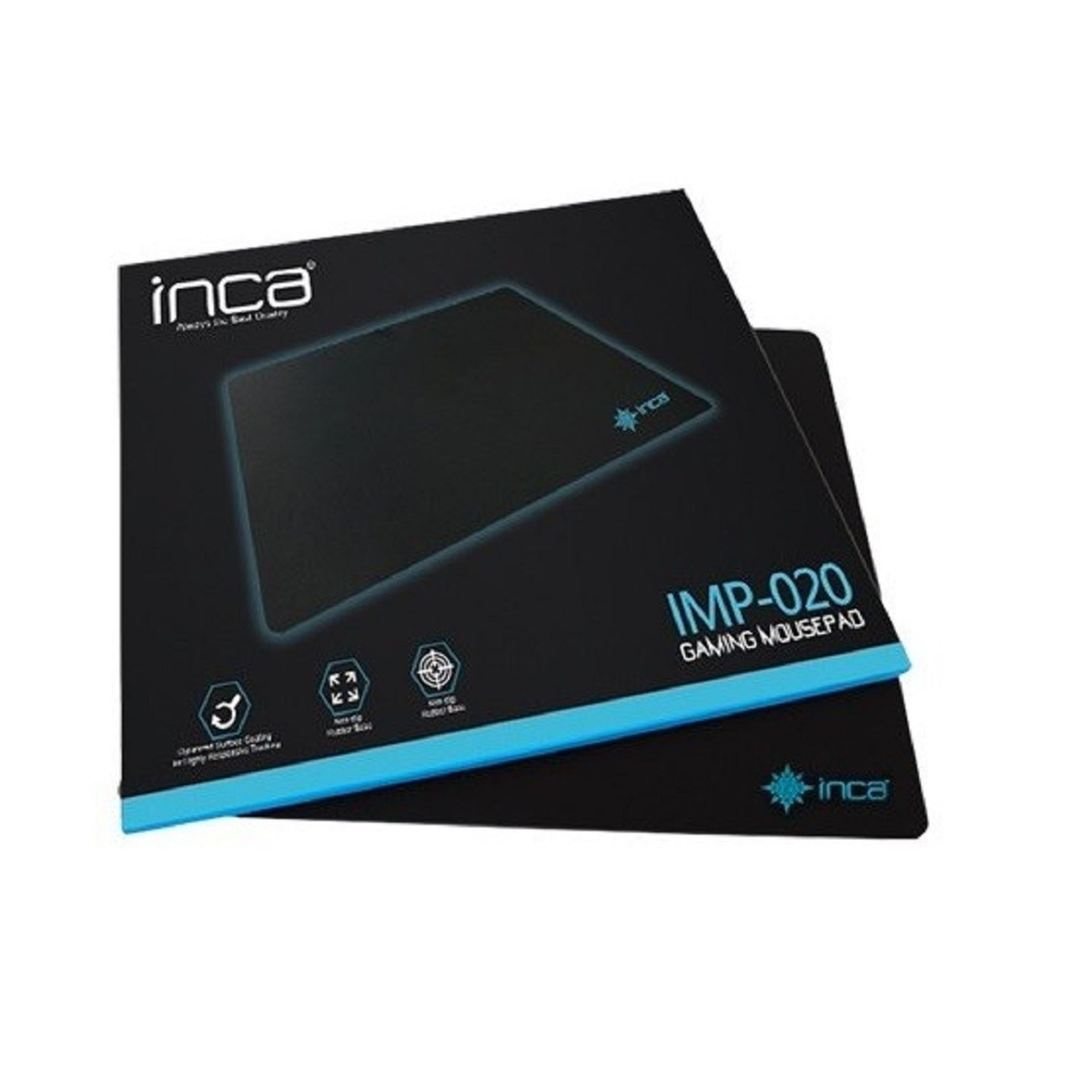 Una caja negra de alfombrilla de ratón para juegos Inca. Tiene un borde azul y el nombre del producto IMP-020. También se muestra el nombre de la marca.