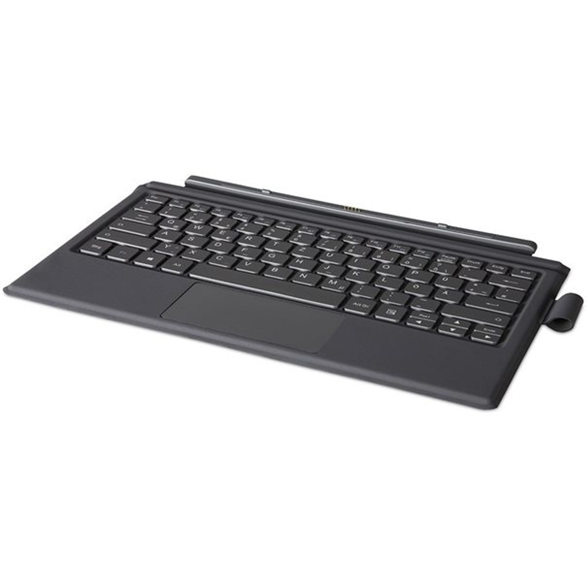 Eine schwarze Tastatur mit weißen Buchstaben und Zahlen, einem Touchpad und einem Halter. Es befindet sich auf weißem Hintergrund.