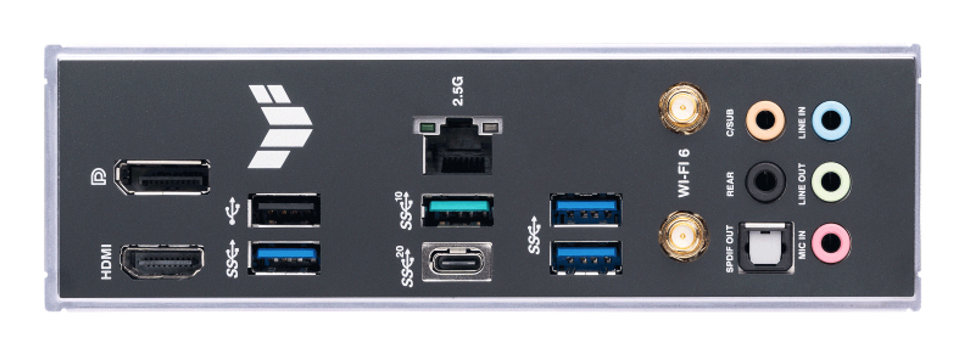 Panneau arrière d'une carte mère d'ordinateur avec divers ports : HDMI, USB, prises audio et connexions réseau.