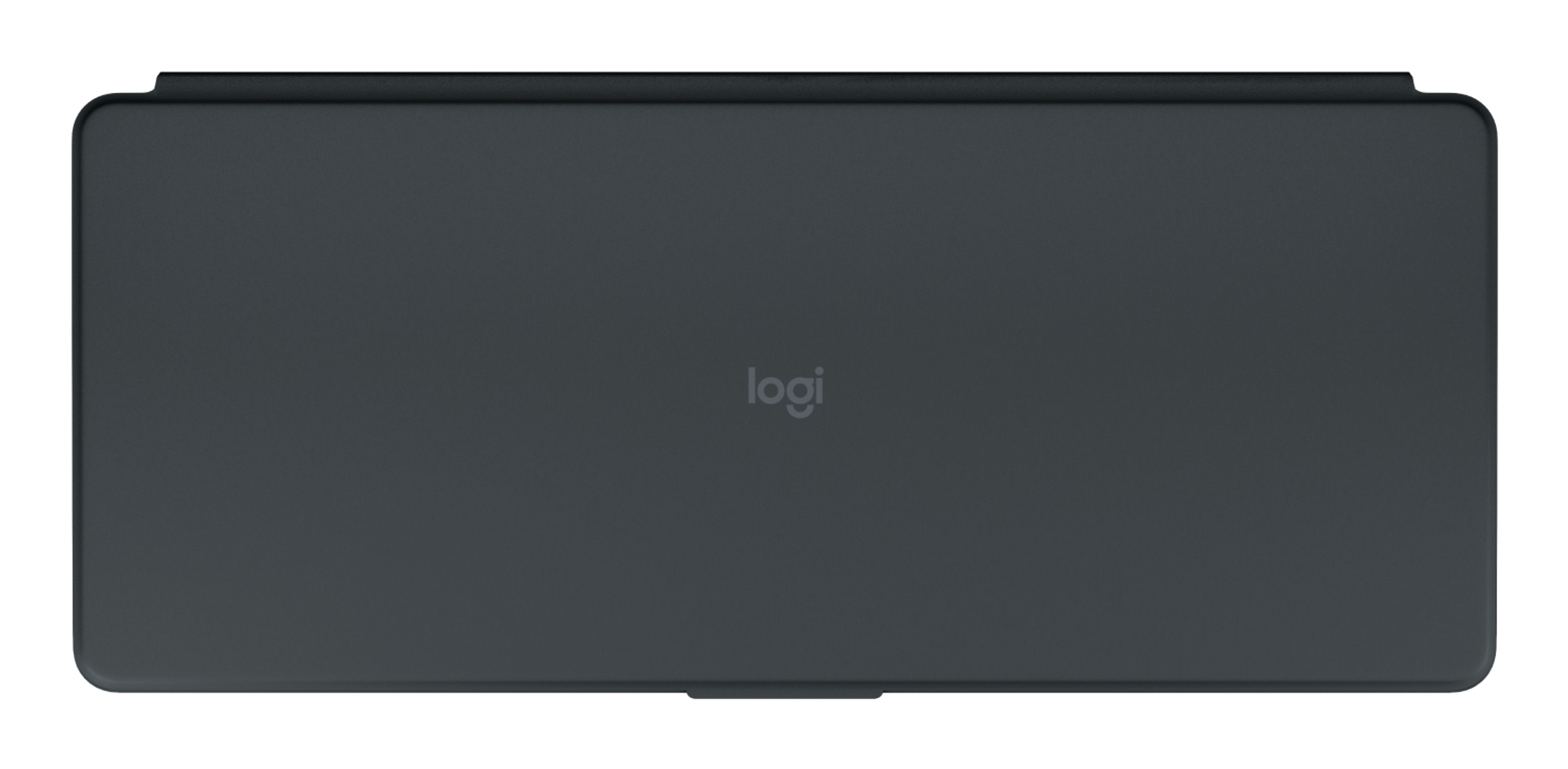 Un couvercle de clavier Logitech gris foncé. Le logo est centré. Le couvercle a des coins arrondis et une texture lisse.
