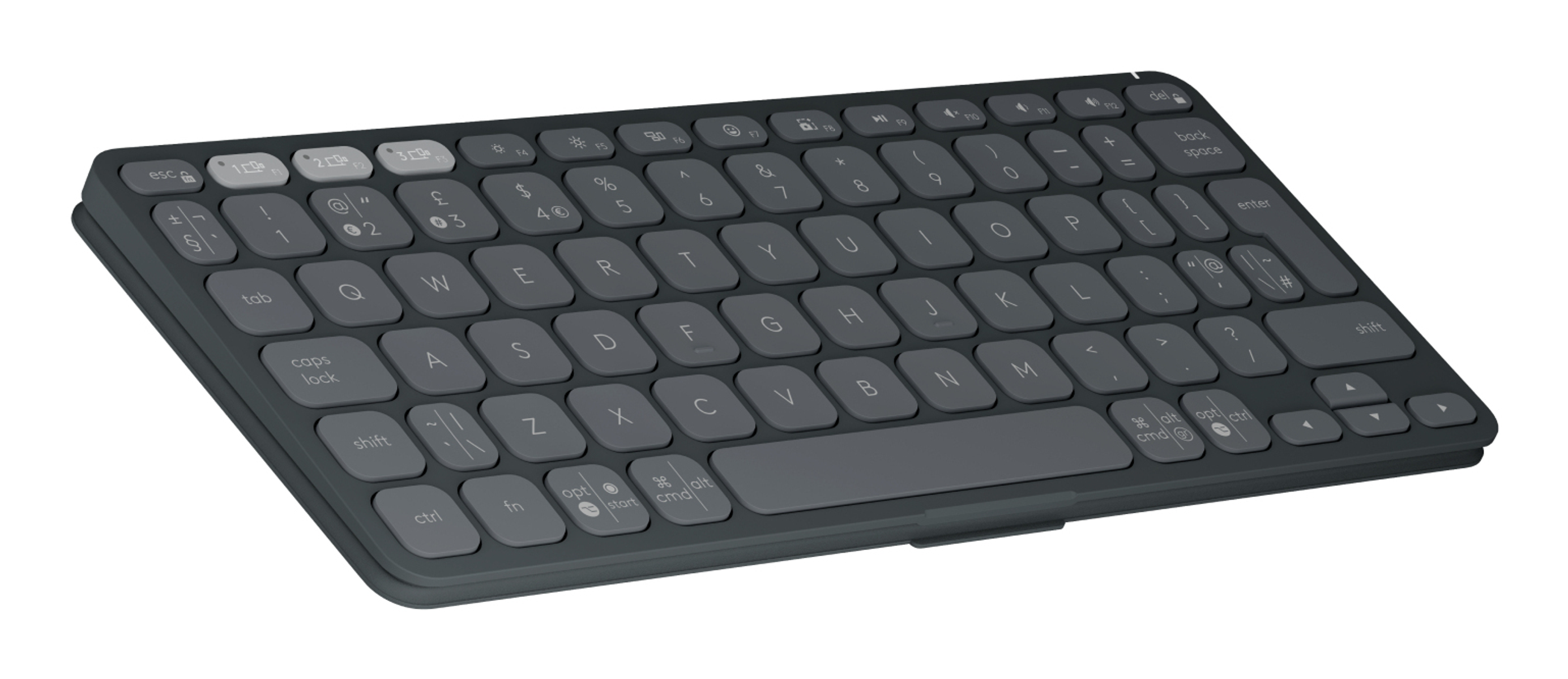 Un clavier sans fil gris foncé sur fond blanc. Les touches sont gris clair.