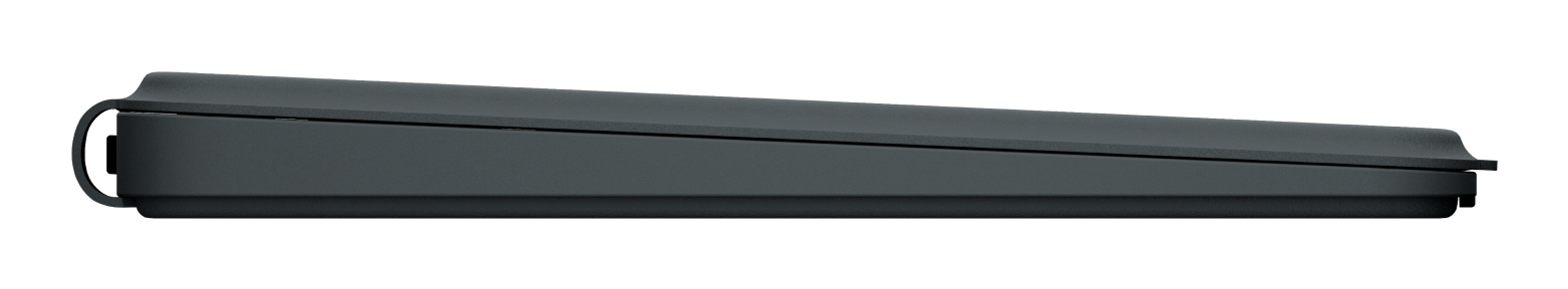 Vue latérale d'un clavier gris foncé incliné, bord arrondi, et poignée gauche.