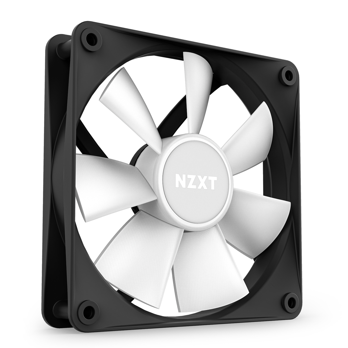 Una ventola per computer con cornice nera e pale bianche. Al centro la scritta NZXT. La ventola è angolata a destra.