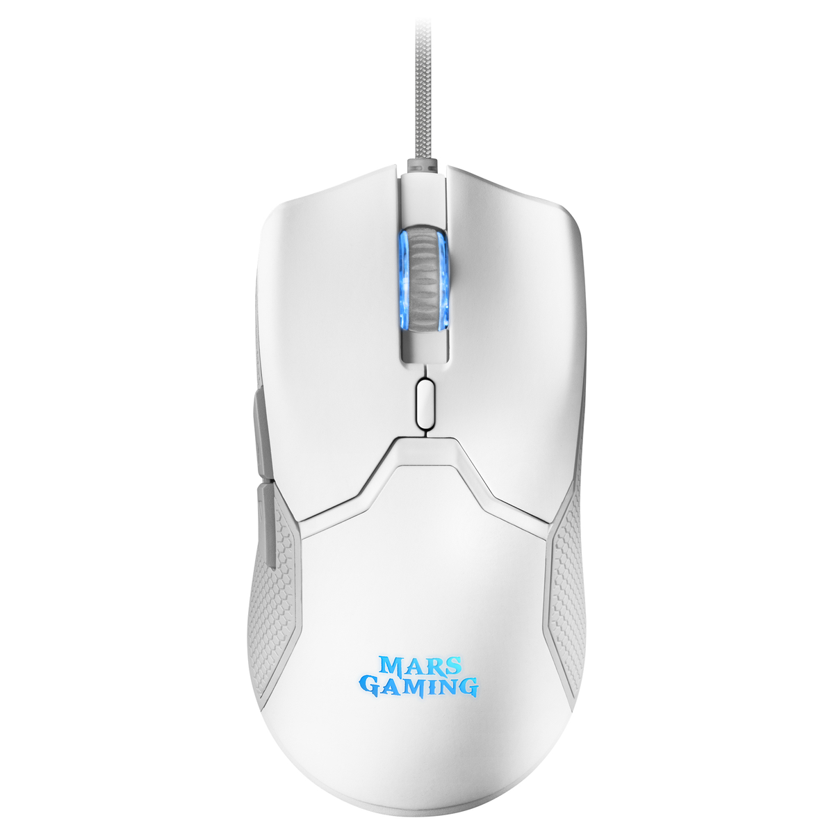 Un ratón gaming blanco con rueda de desplazamiento y logotipo iluminados en azul. El cable es gris. La marca es Mars Gaming.