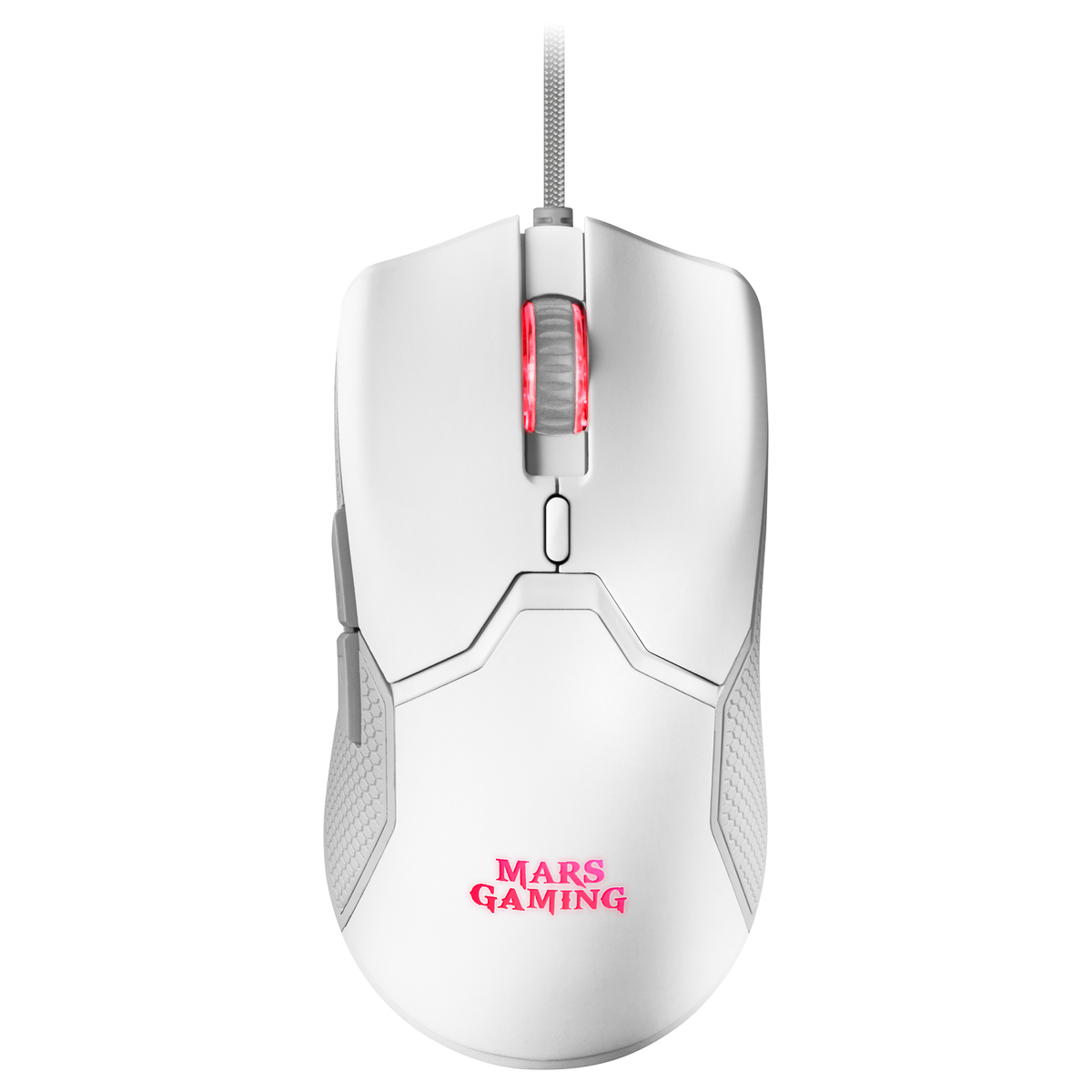 Un ratón gaming blanco con una rueda de desplazamiento iluminada en rojo. Se ve el nombre de la marca "MARS GAMING".
