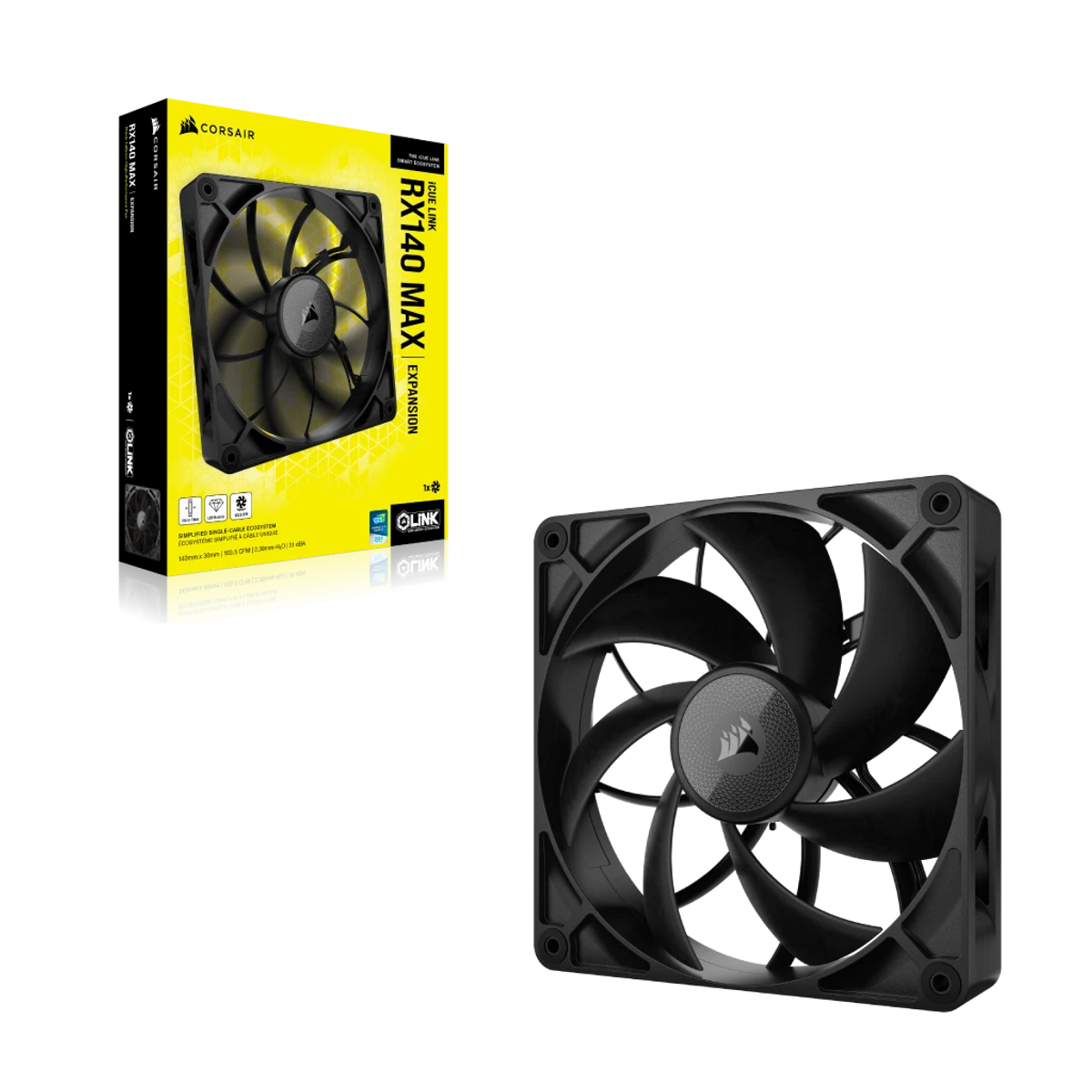Obraz przedstawia czarny wentylator rozszerzający Corsair RX140 MAX z jego pudełkiem. Wentylator ma siedem łopatek, a pudełko jest żółte i czarne.