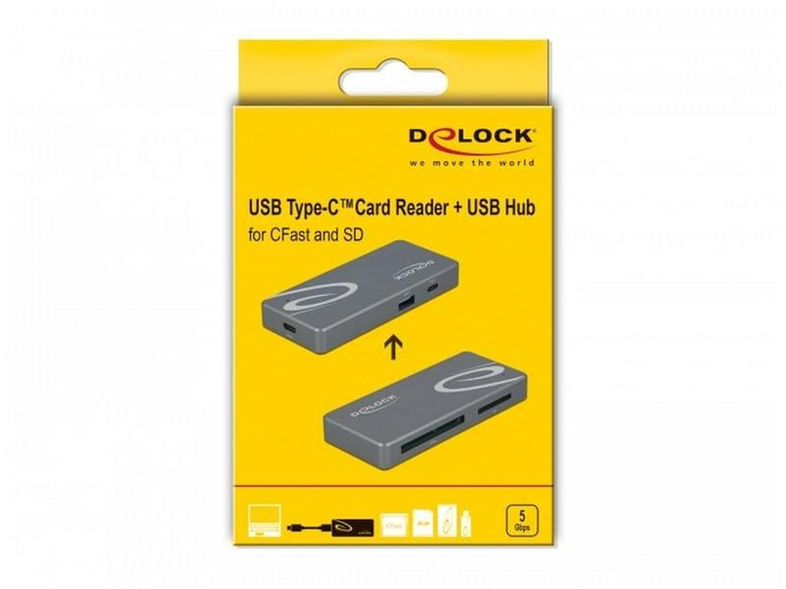 Una caja amarilla muestra un lector de tarjetas USB tipo C y un concentrador USB. La caja muestra imágenes del dispositivo y el logotipo de la marca.