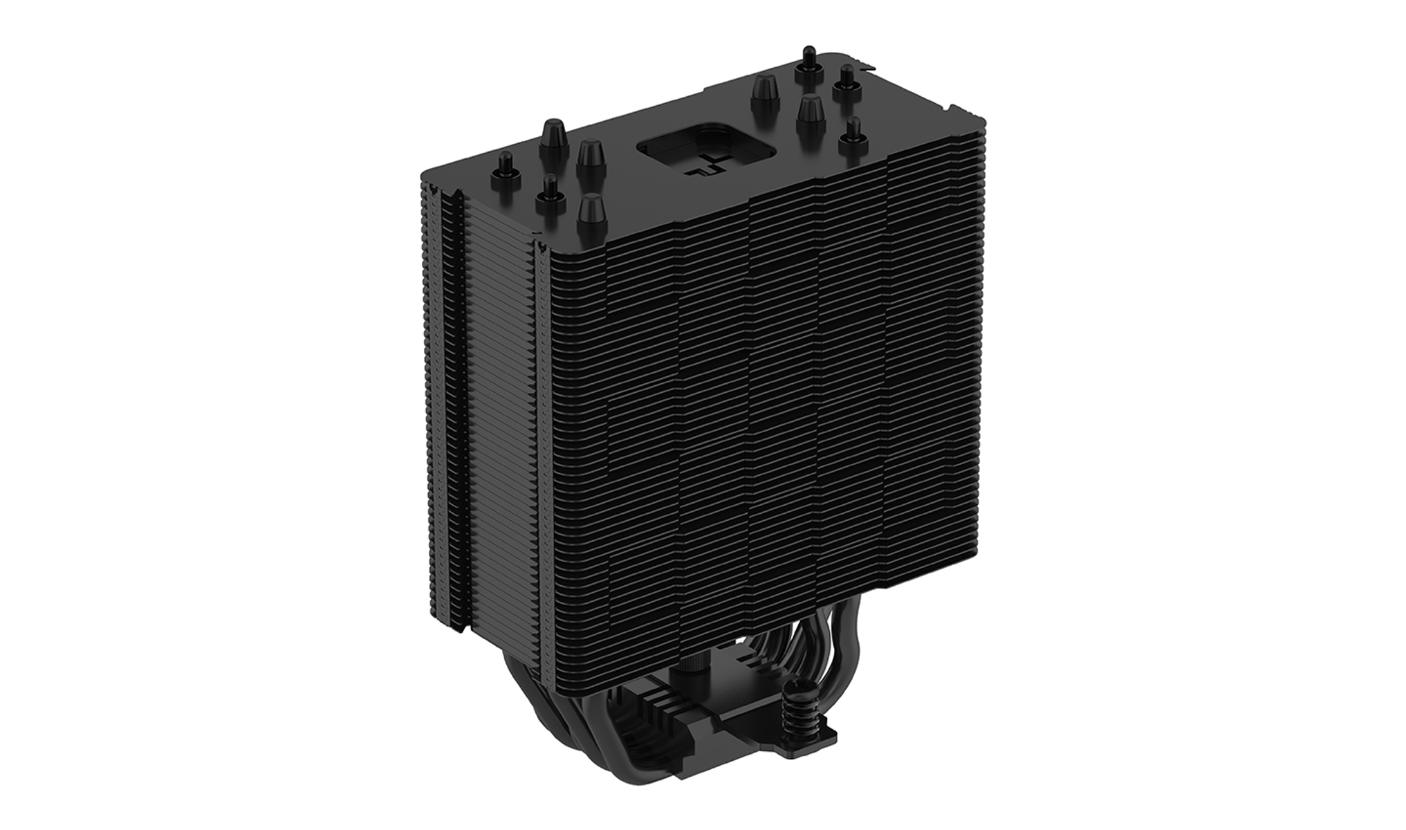Un dissipatore CPU nero, composto da alette impilate, con base e heatpipe. Ha una parte superiore quadrata con elementi di montaggio.