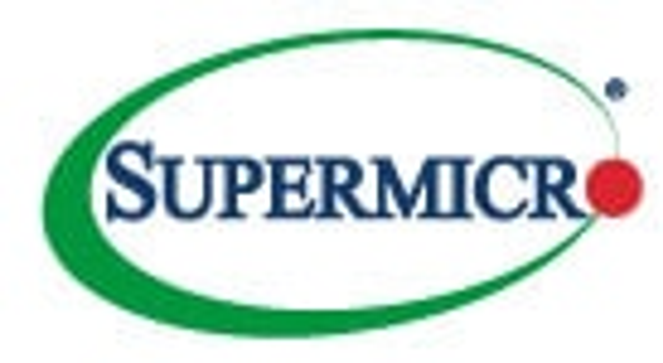 Logo Supermicro przedstawia zielony owal otaczający słowo 'SUPERMICRO' w kolorze niebieskim, z małą czerwoną kropką po prawej stronie.
