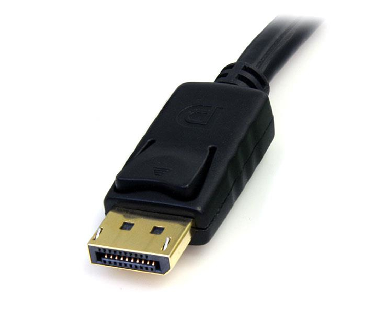 Ein schwarzes DisplayPort-Kabel mit einem goldfarbenen Stecker auf weißem Hintergrund.