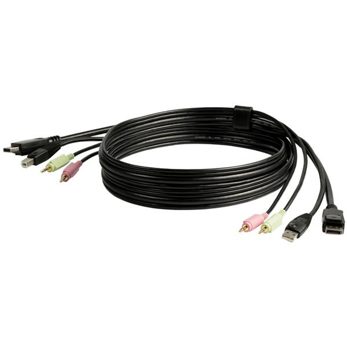 Schwarze Kabel mit verschiedenen Anschlüssen, darunter USB- und Audioanschlüsse. Die Kabel sind aufgerollt und ordentlich angeordnet.