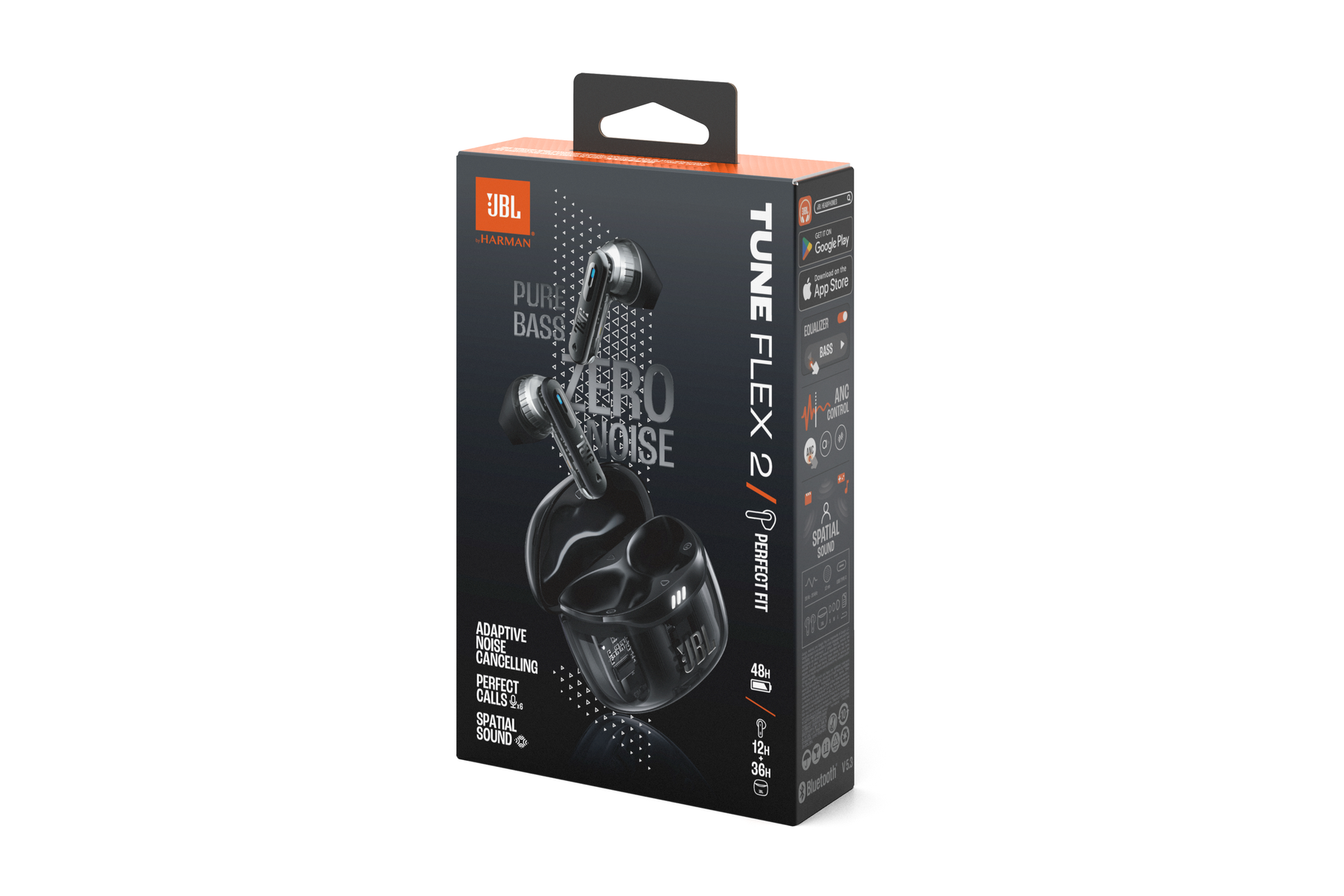 Pudełko słuchawek JBL Tune Flex 2. Czarne ze zdjęciami i tekstem produktu. Funkcje obejmują redukcję szumów i dźwięk przestrzenny.