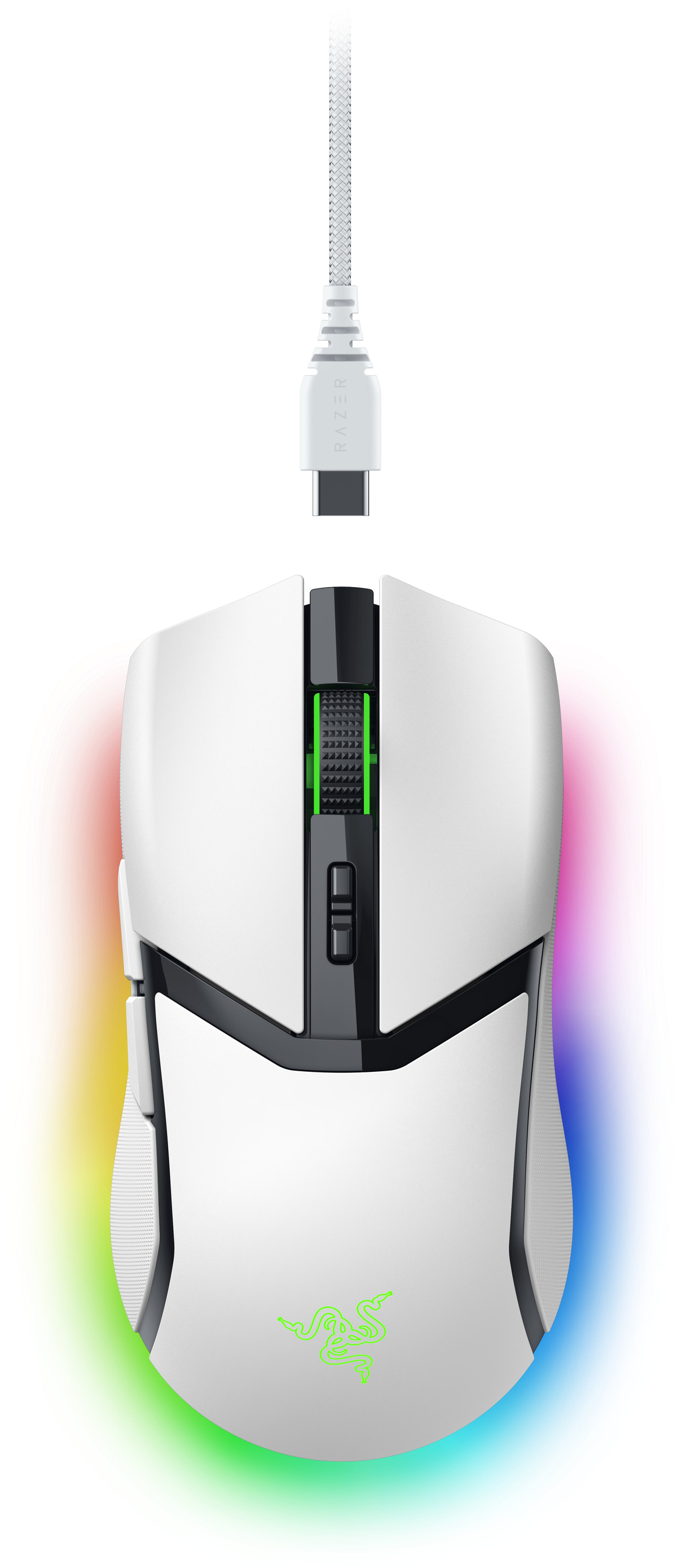 Biała mysz gamingowa Razer z kablem USB-C. Mysz ma kółko przewijania z zielonymi akcentami i logo Razer.
