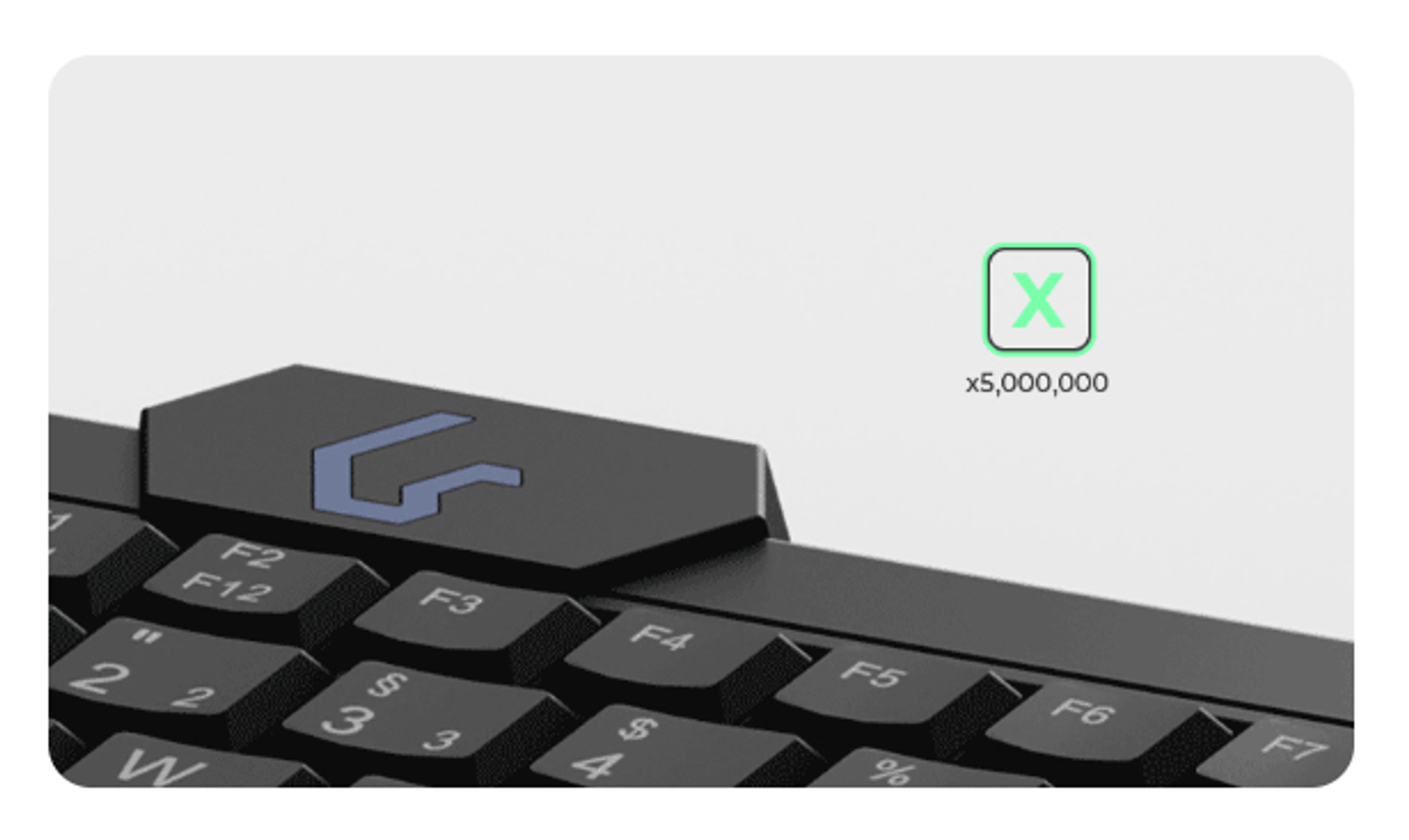 Un teclado negro con letras y números blancos. Un cuadro verde con una 'X' blanca y el texto 'x5,000,000' está en el fondo.