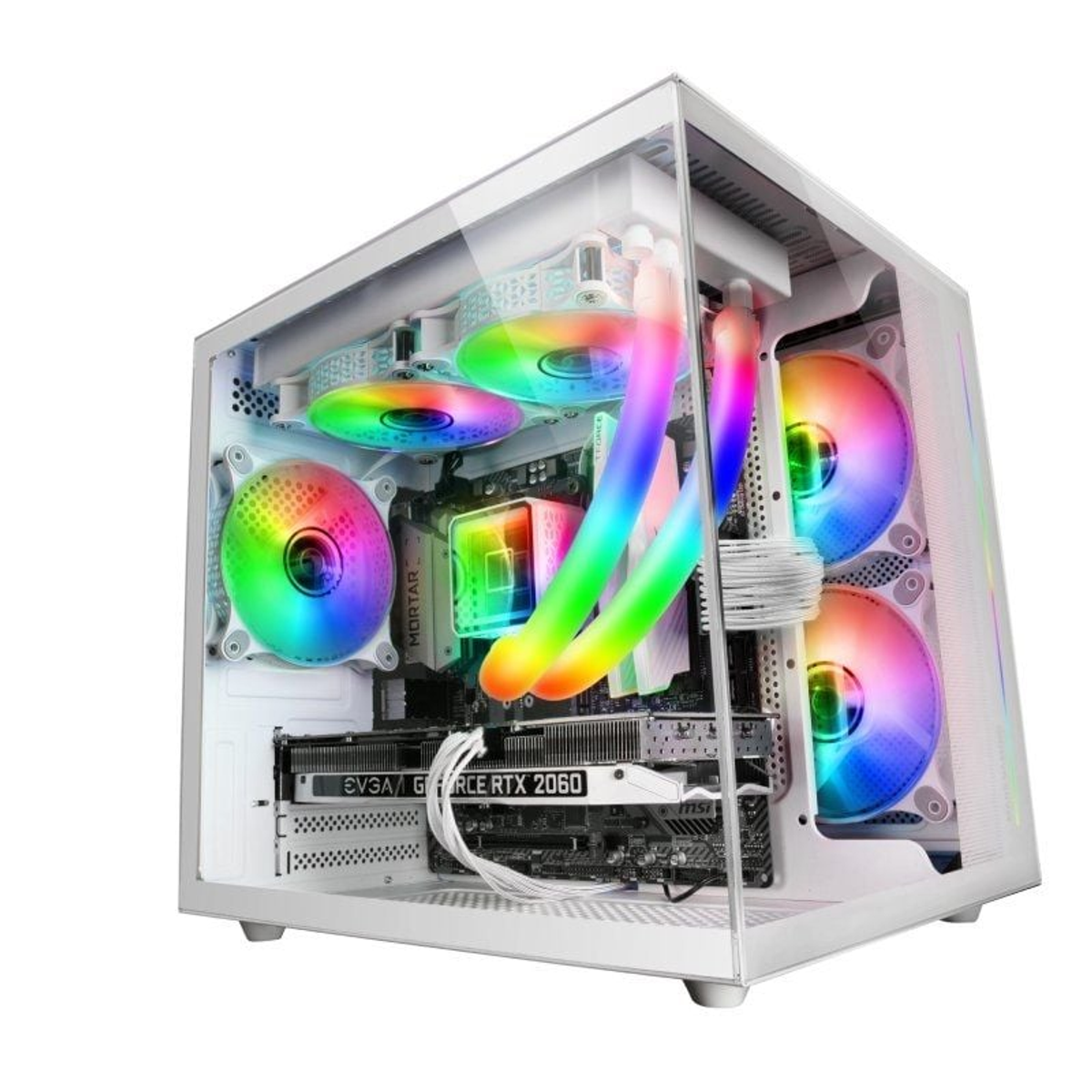 Un case per computer bianco con ventole LED arcobaleno e componenti all'interno. Scheda grafica, scheda madre e sistema di raffreddamento sono visibili.