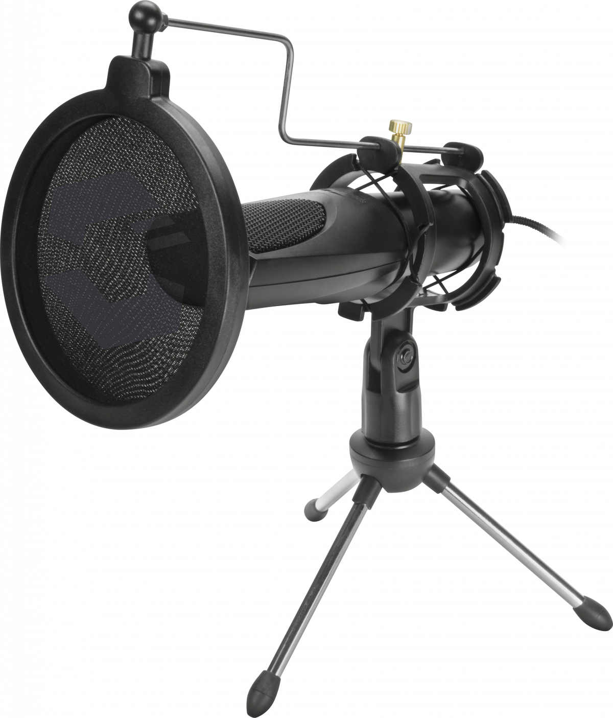 Zwarte microfoon met een popfilter op een klein statief. De popfilter is cirkelvormig en van gaas. De microfoon wijst naar links.
