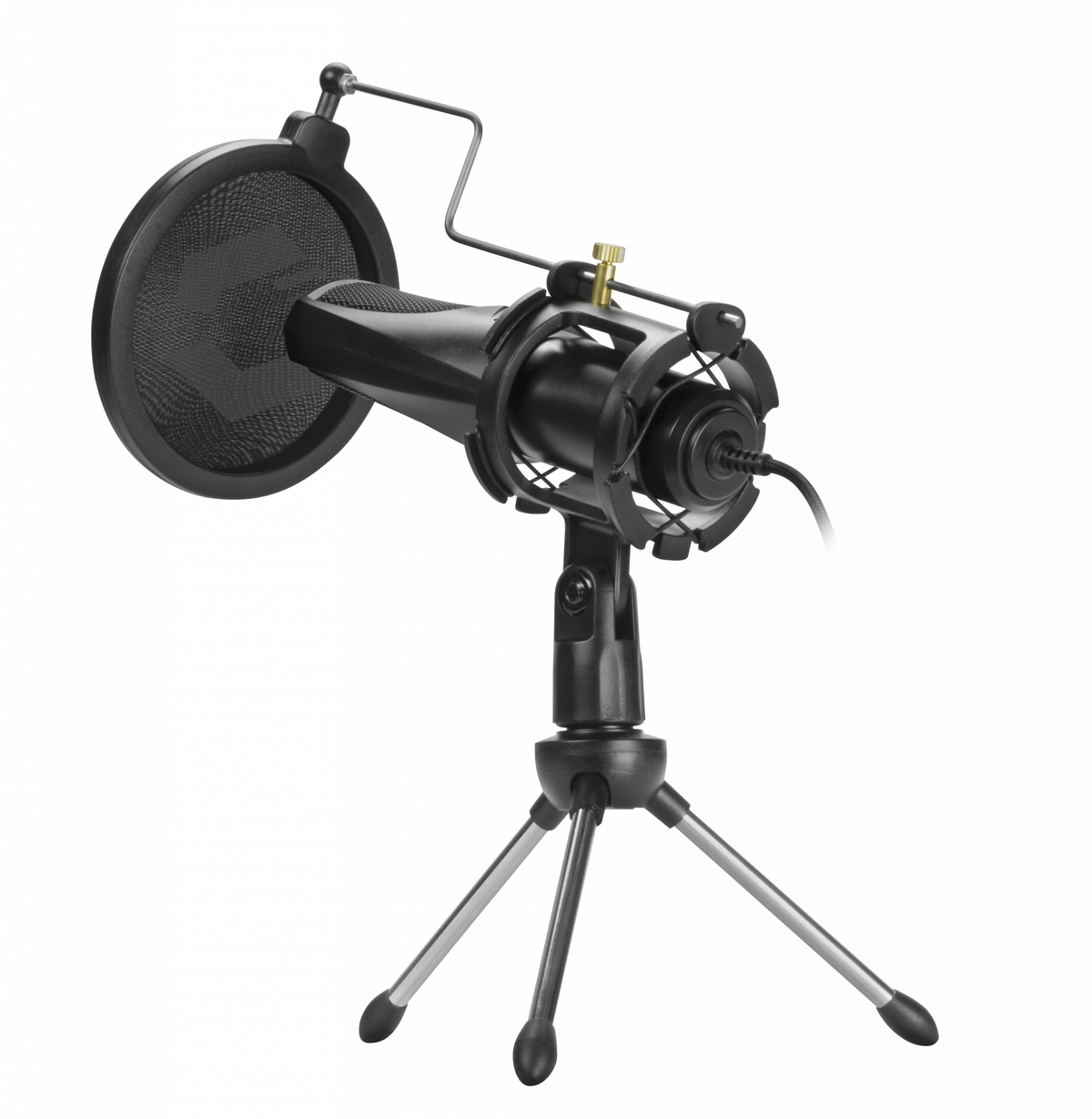 Een zwarte microfoon met popfilter staat op een klein statief. De achtergrond is wit.