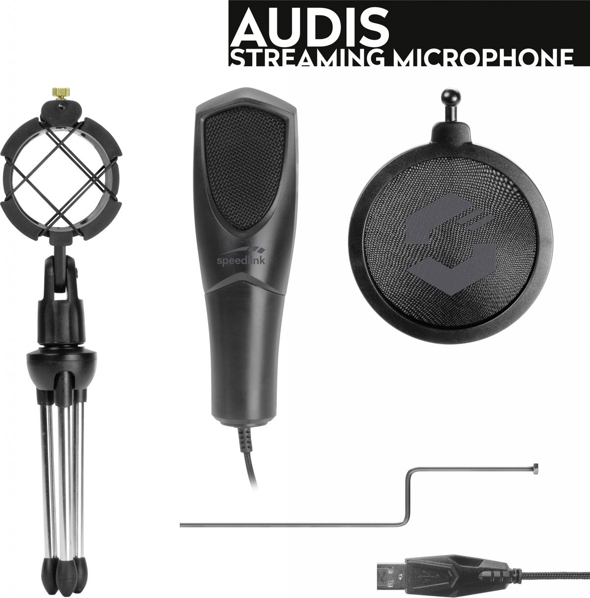 Een zwarte streamingmicrofoonset. Inclusief microfoon, popfilter, standaard en USB-kabel. Het merk is Audis, Speedlink.